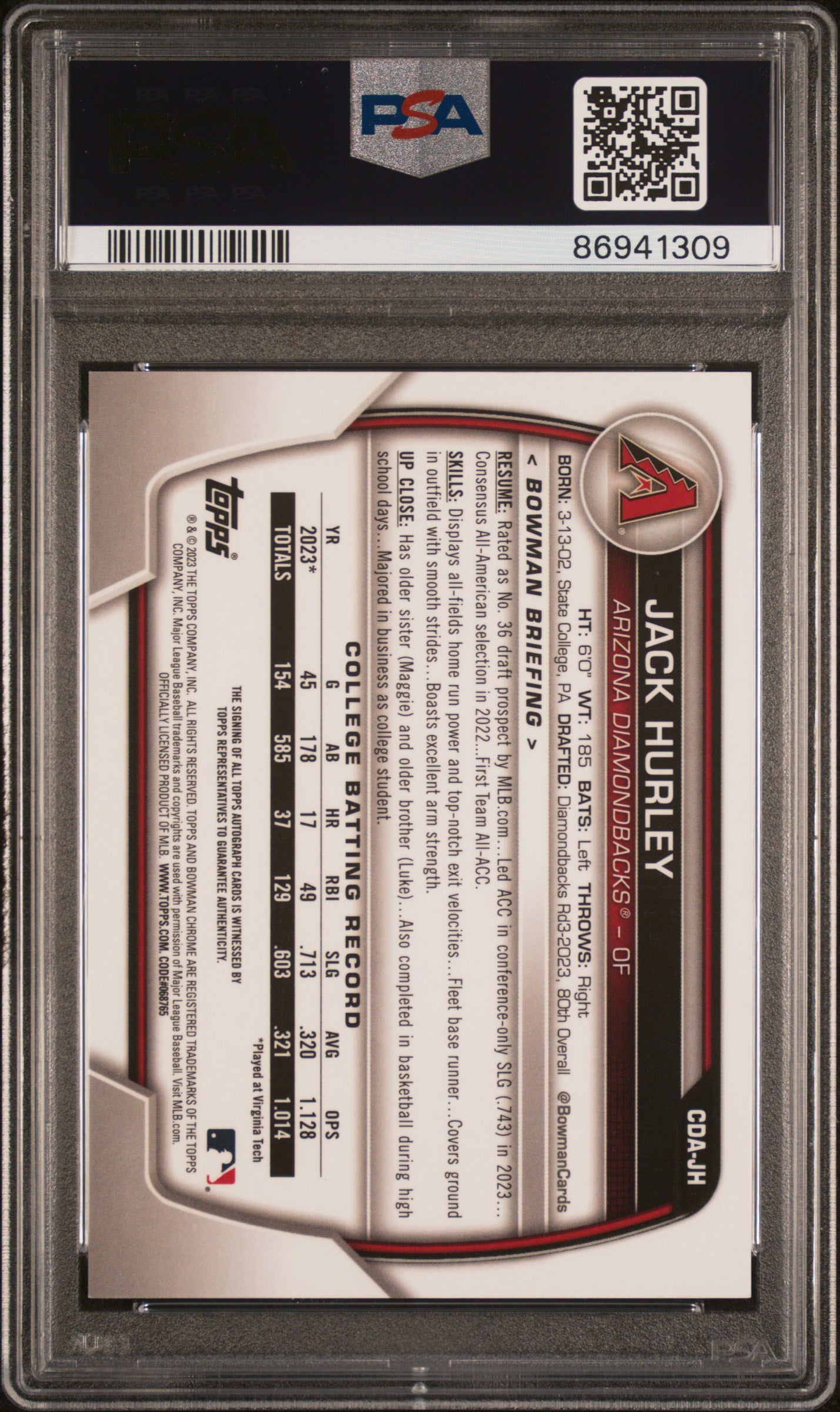 2023 Bowman Draft Chrome Prospect Autograph Jack Hurley PSA 9 Arizona