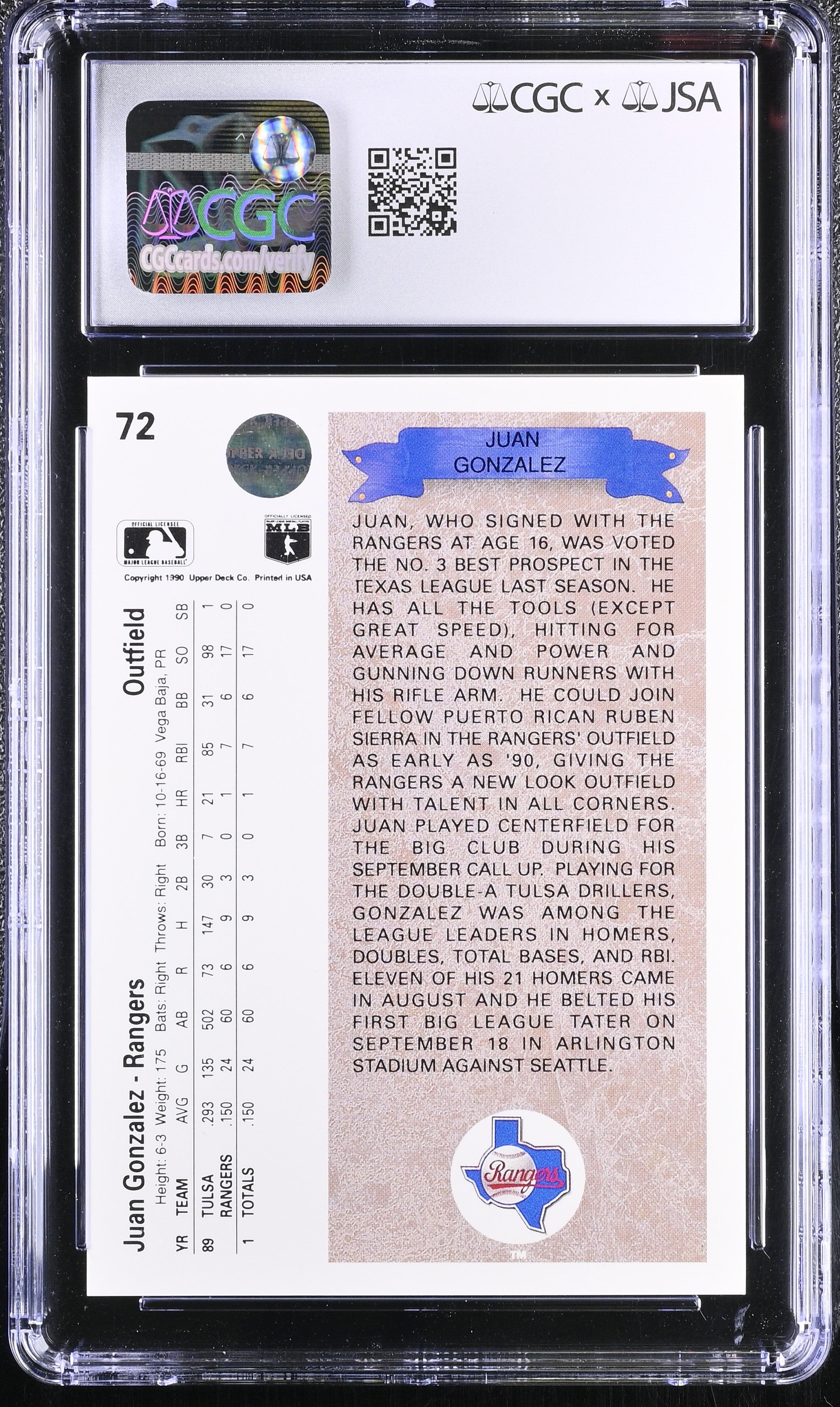 1990 Upper Deck Juan Gonzalez #72 CGC 9 AUTO 10 Texas Rangers
