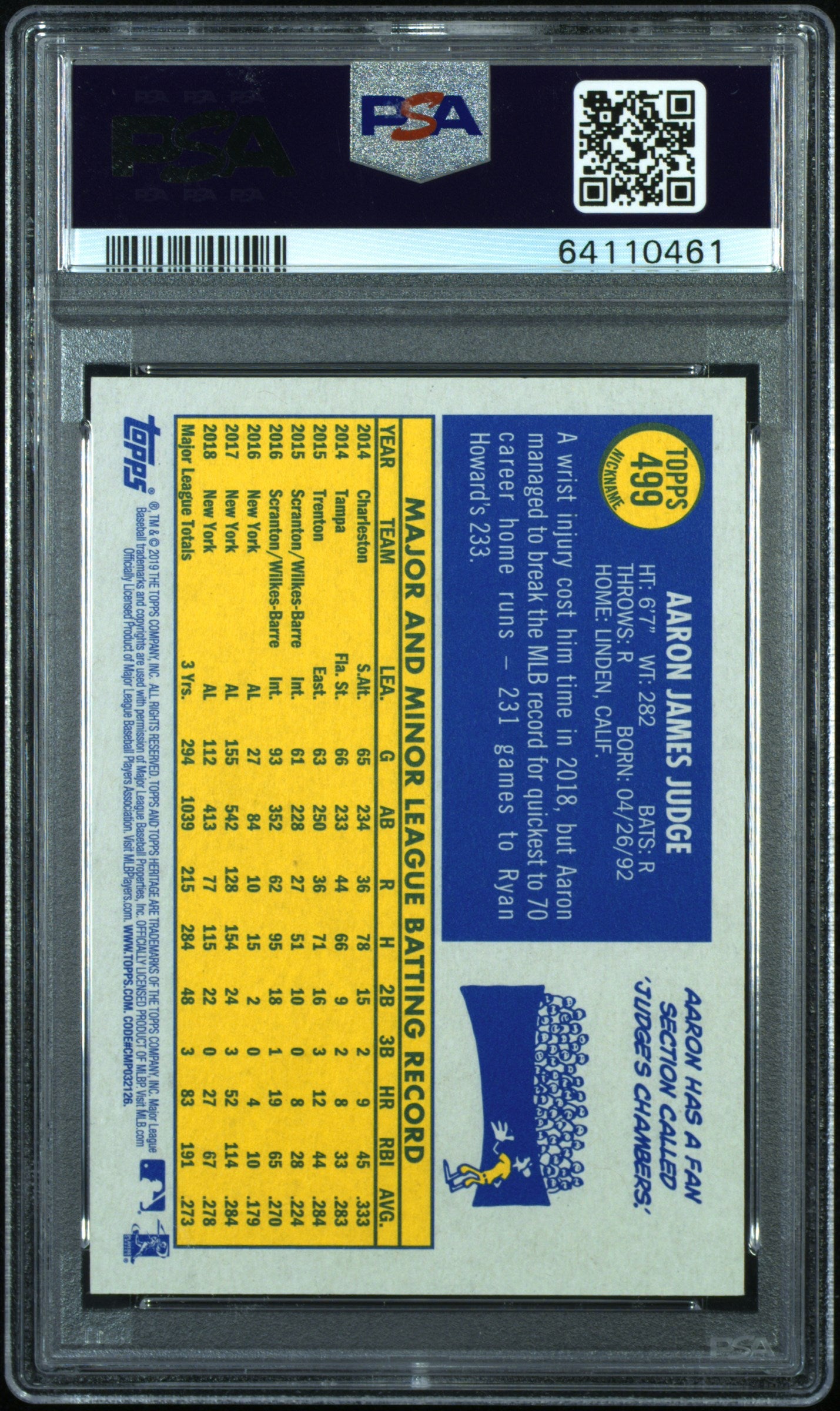 2019 Topps Heritage Aaron Judge Nickname #499 PSA 10 All Rise