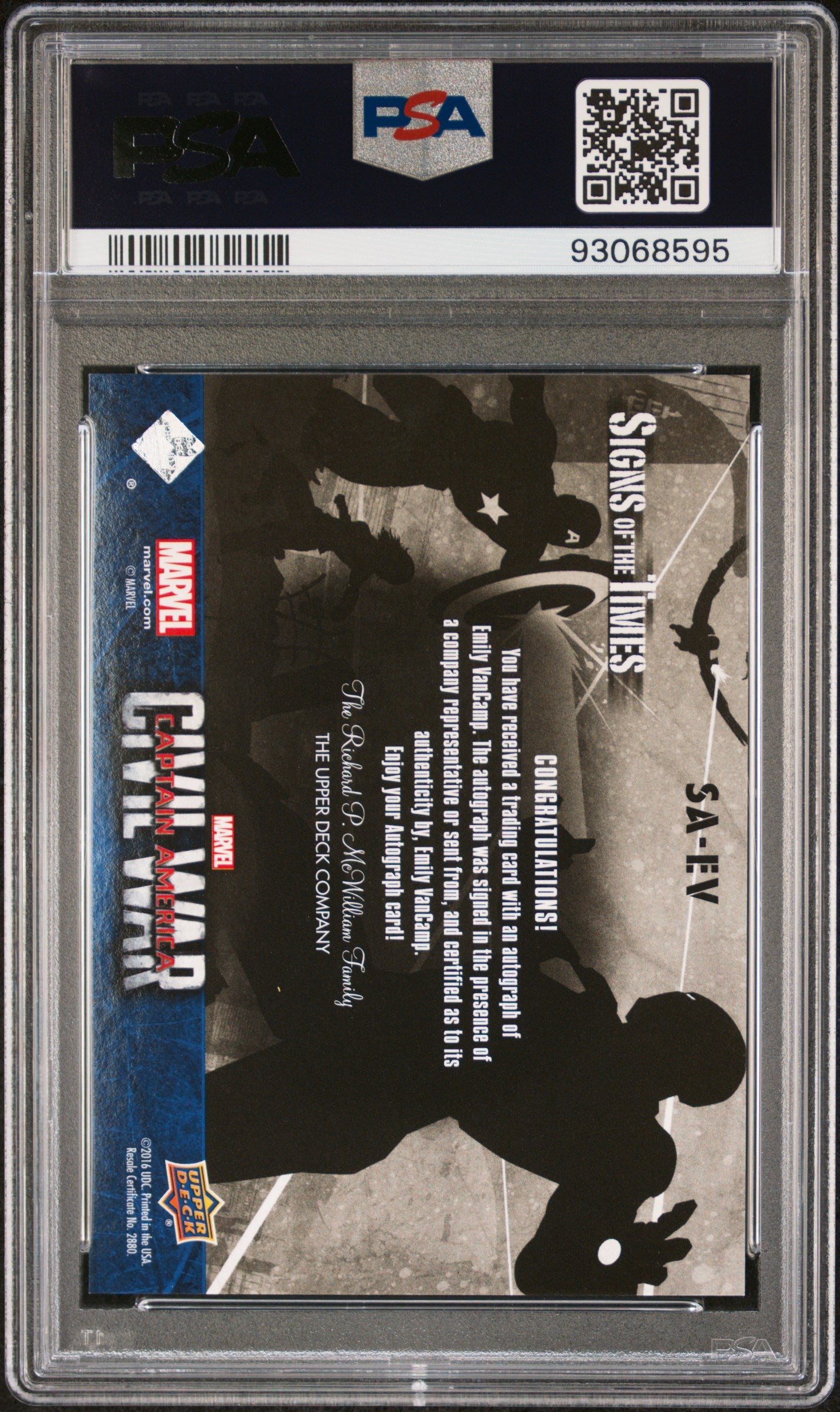 2016 Upper Deck Civil War Signs Of The Times Emily Vancamp Auto #EV PSA 9
