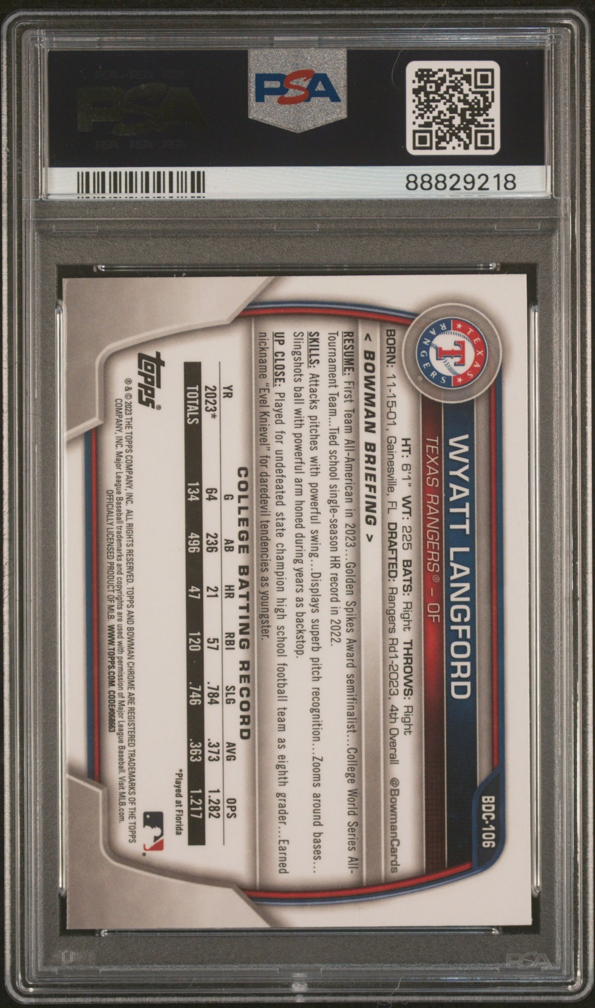 2023 Bowman Draft Wyatt Langford Chrome #BDC106 PSA 10