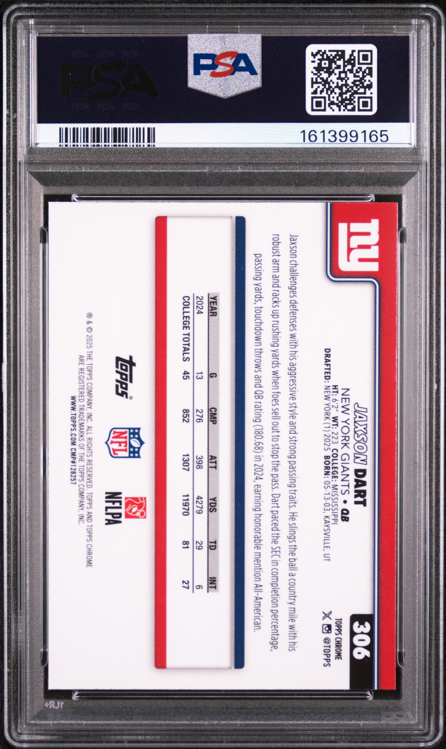 2025 Topps Chrome Jaxson Dart Raywave #306 PSA 10 New York Giants