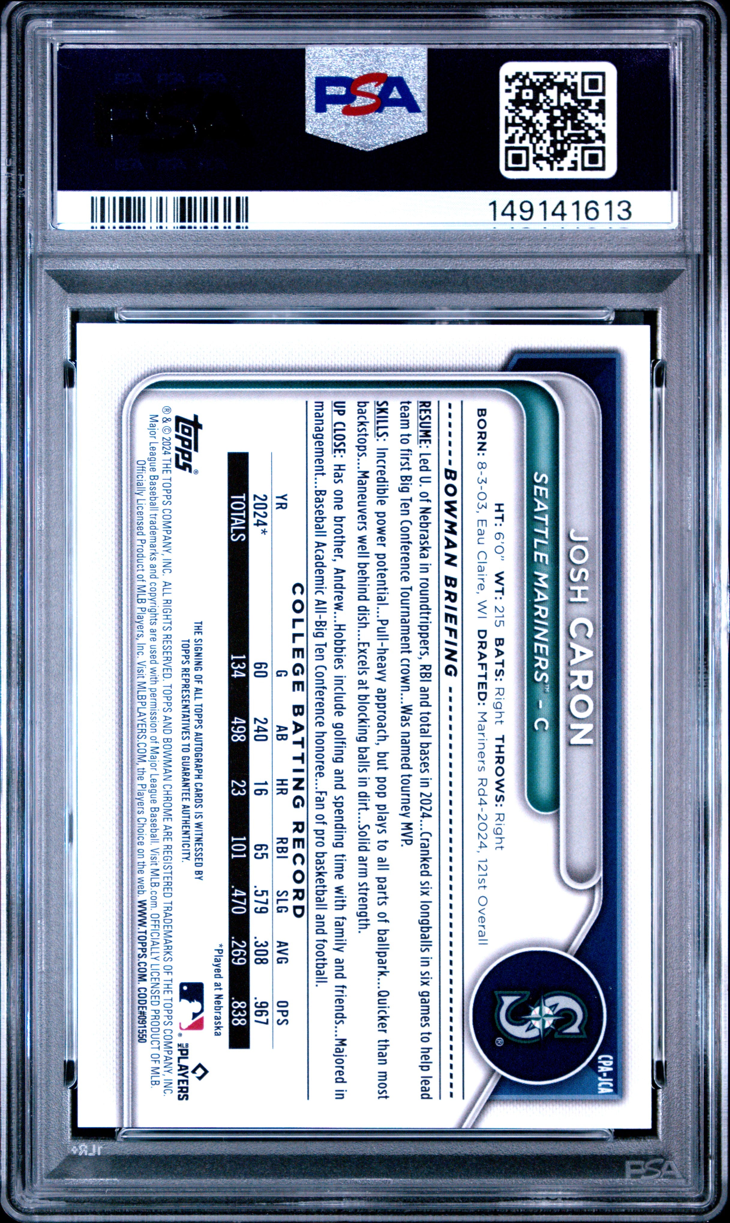 2024 Bowman Draft Chrome Prospect Autographs Josh Caron Yellow Ref 50/75 PSA 10