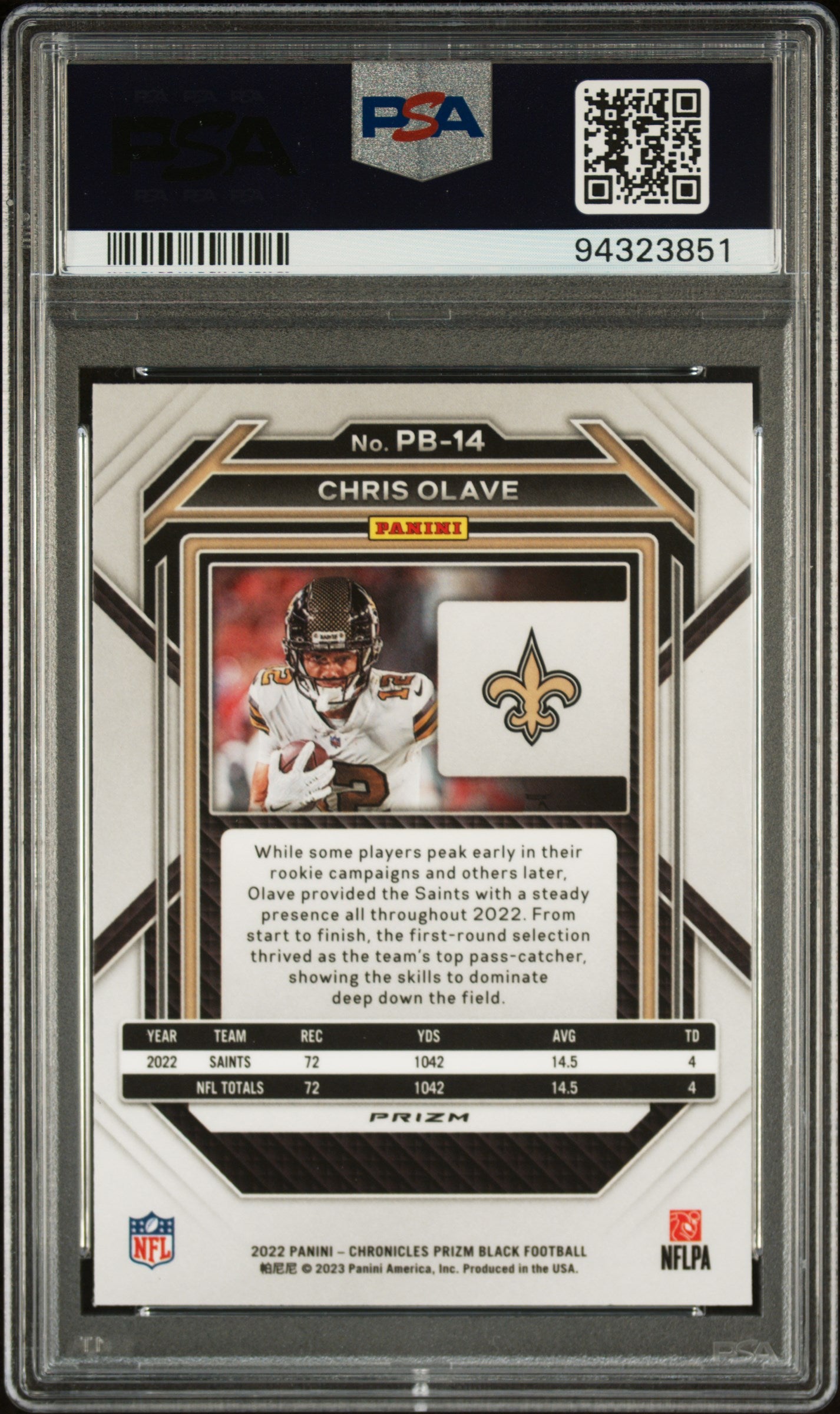 2022 Chronicles Prizm Black Chris Olave Silver Rookie PSA 10 Baltimore Ravens