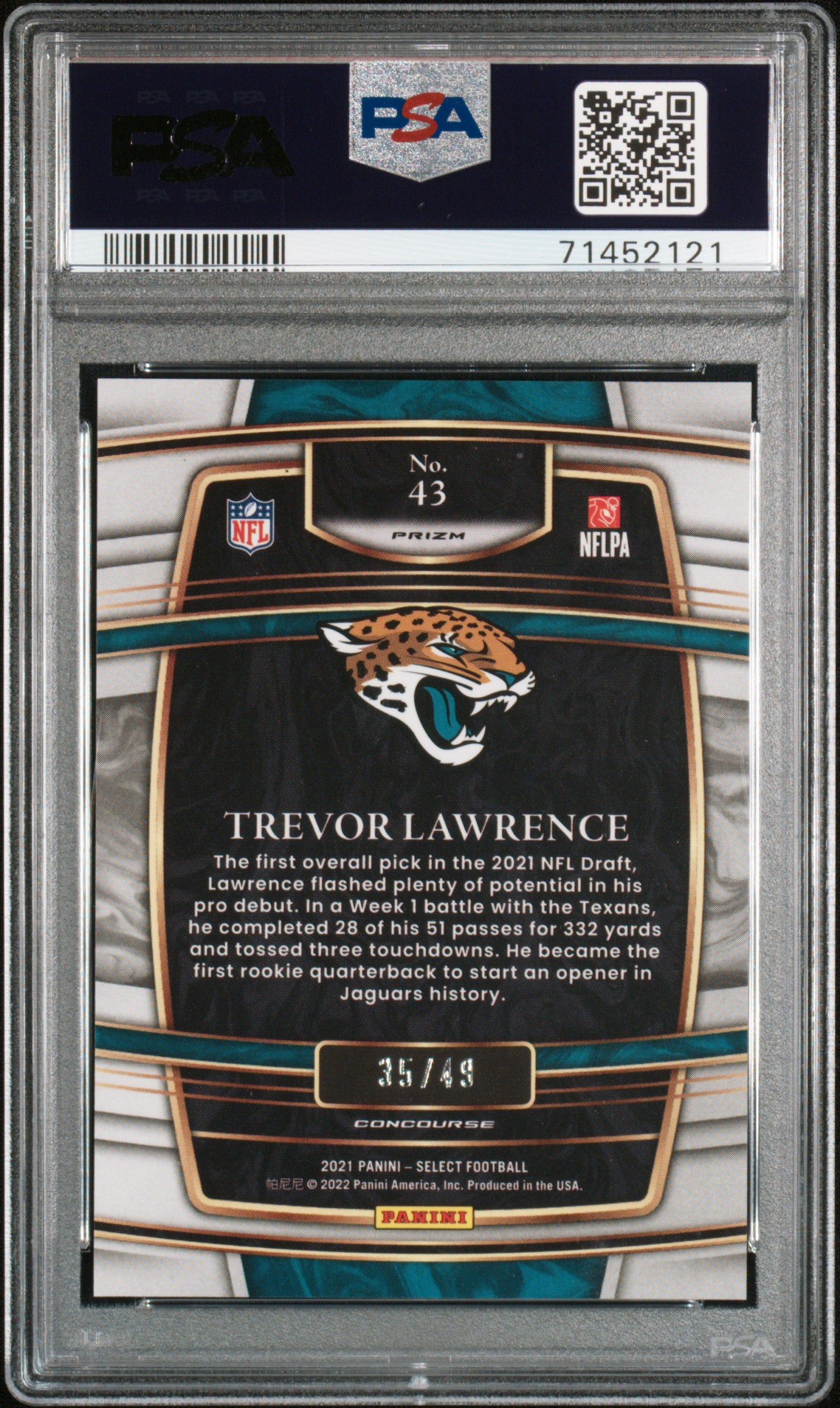 2021 Panini Select Concourse Trevor Lawrence Orange Prizm /49 #43 PSA 9