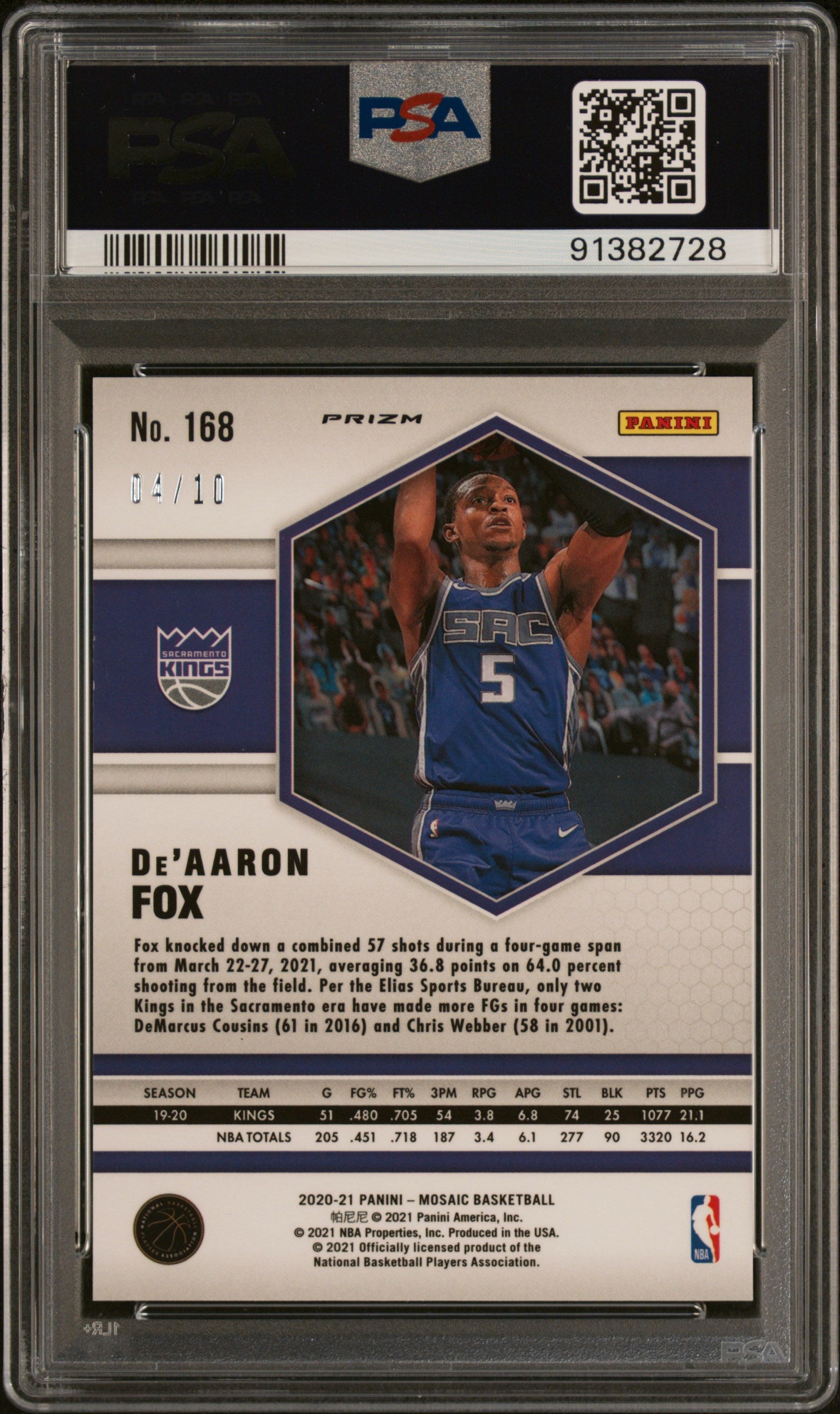 2020 Panini Mosaic De'aaron Fox Gold #168 PSA 10 4/10