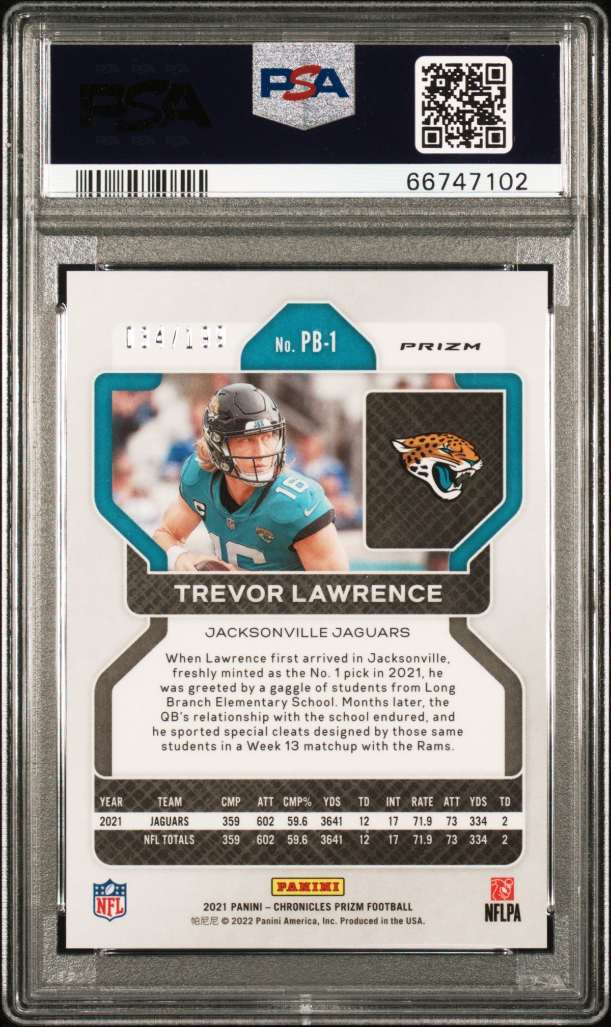 2021 Panini Chronicles Prizm Black Trevor Lawrence Purple #PB-1 PSA 9 /199