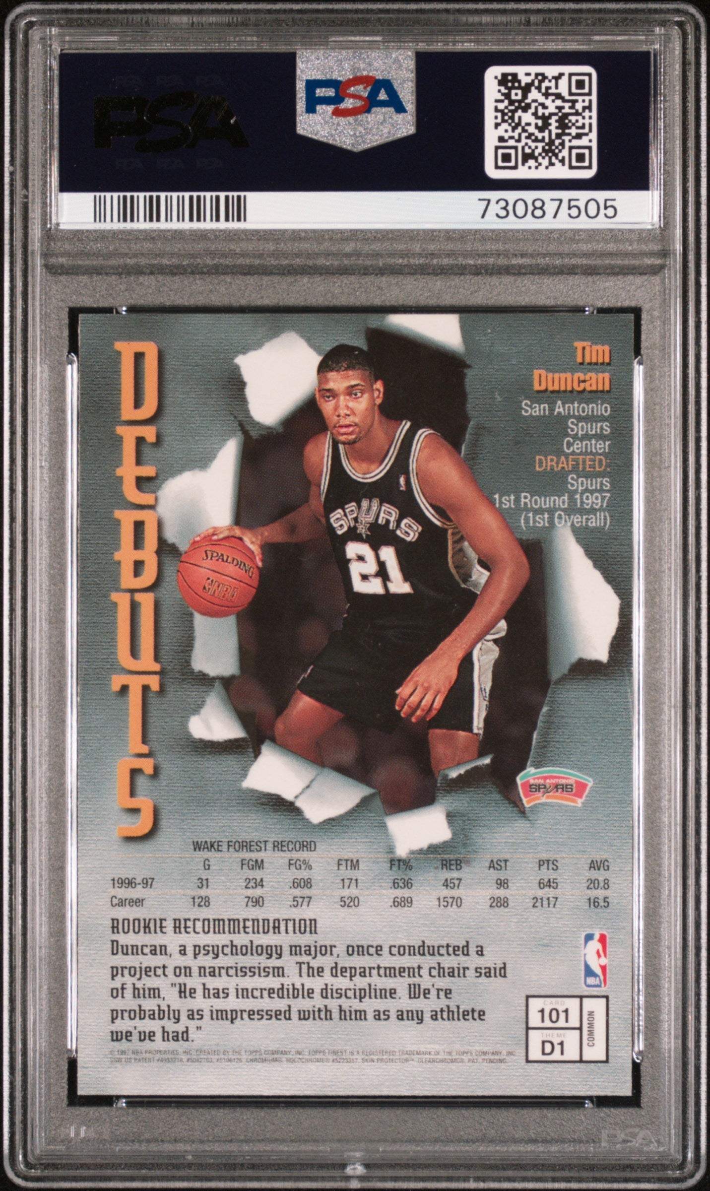 1997 Finest Tim Duncan W Coating #101 PSA 8