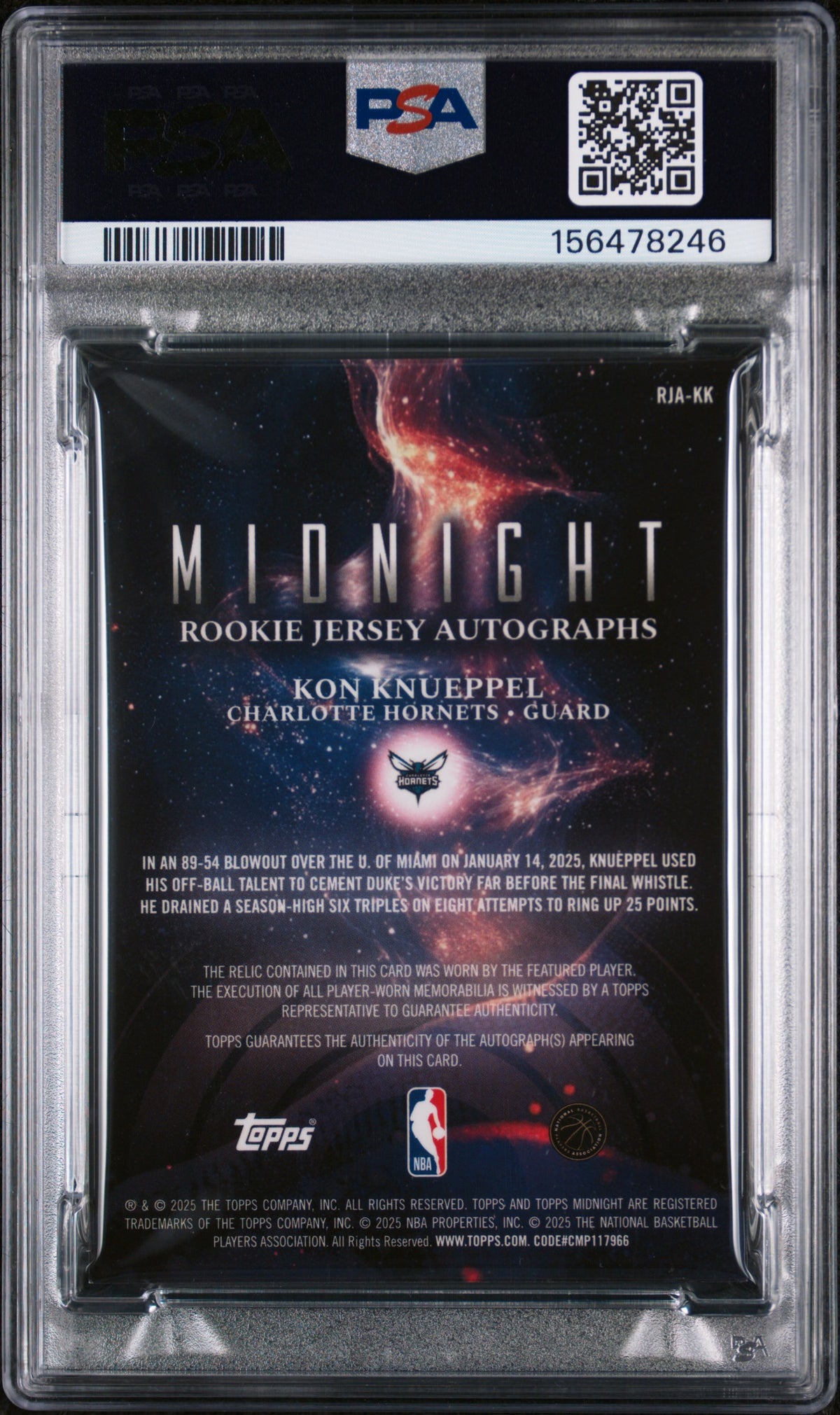 2025 Topps Midnight Rookie Jersey Autographs Kon Knueppel #RJA-KK PSA 8