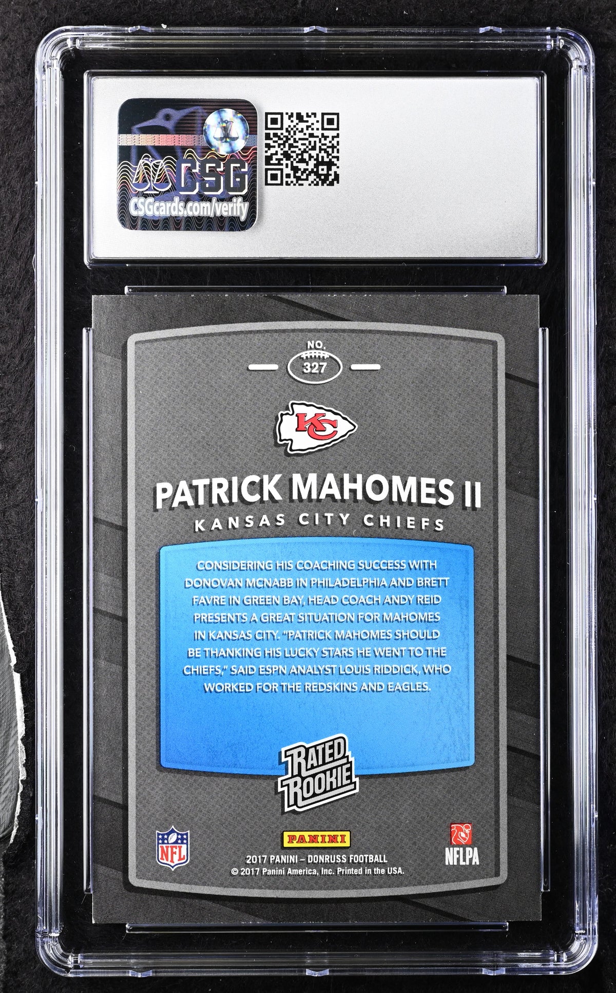 2017 Donruss Patrick Mahomes II Rookie #327 CGC 9 MINT Kansas City Chiefs