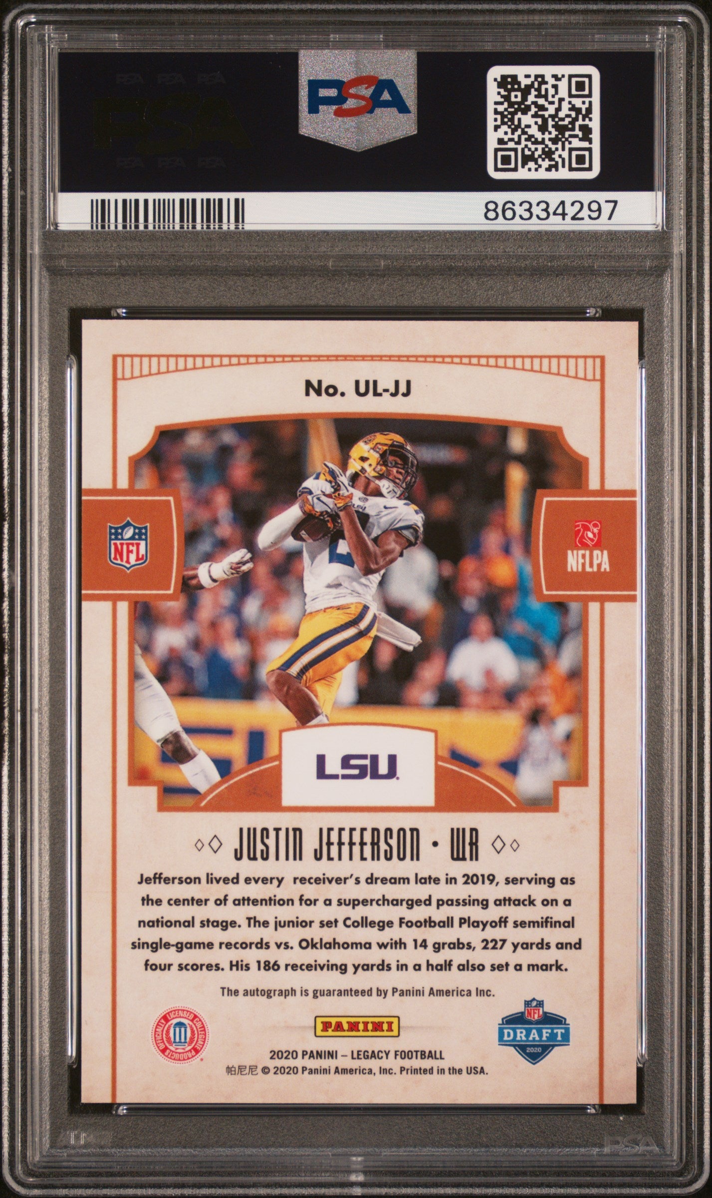 2020 Panini Legacy Under The Lights Justin Jefferson Autograph #ULJJ PSA 9