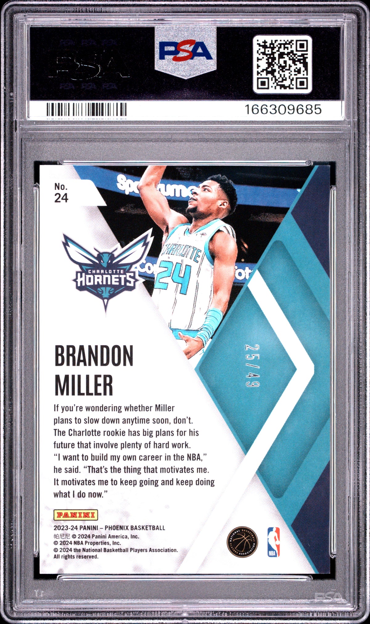 2023 Panini Phoenix Instant Phenom Brandon Miller Brnz Lazer 25/49 Rookie PSA 10