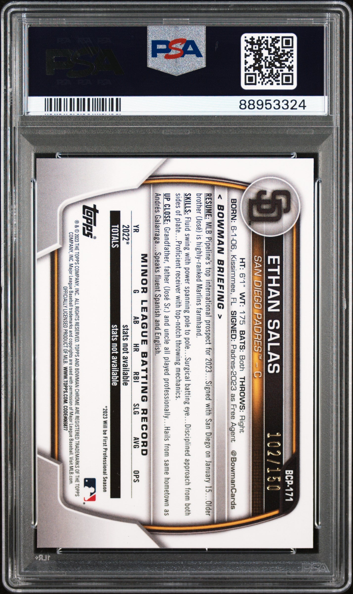 2023 Bowman Chrome Prospects Ethan Salas Blue Refractor #BCP171 PSA 9 /150