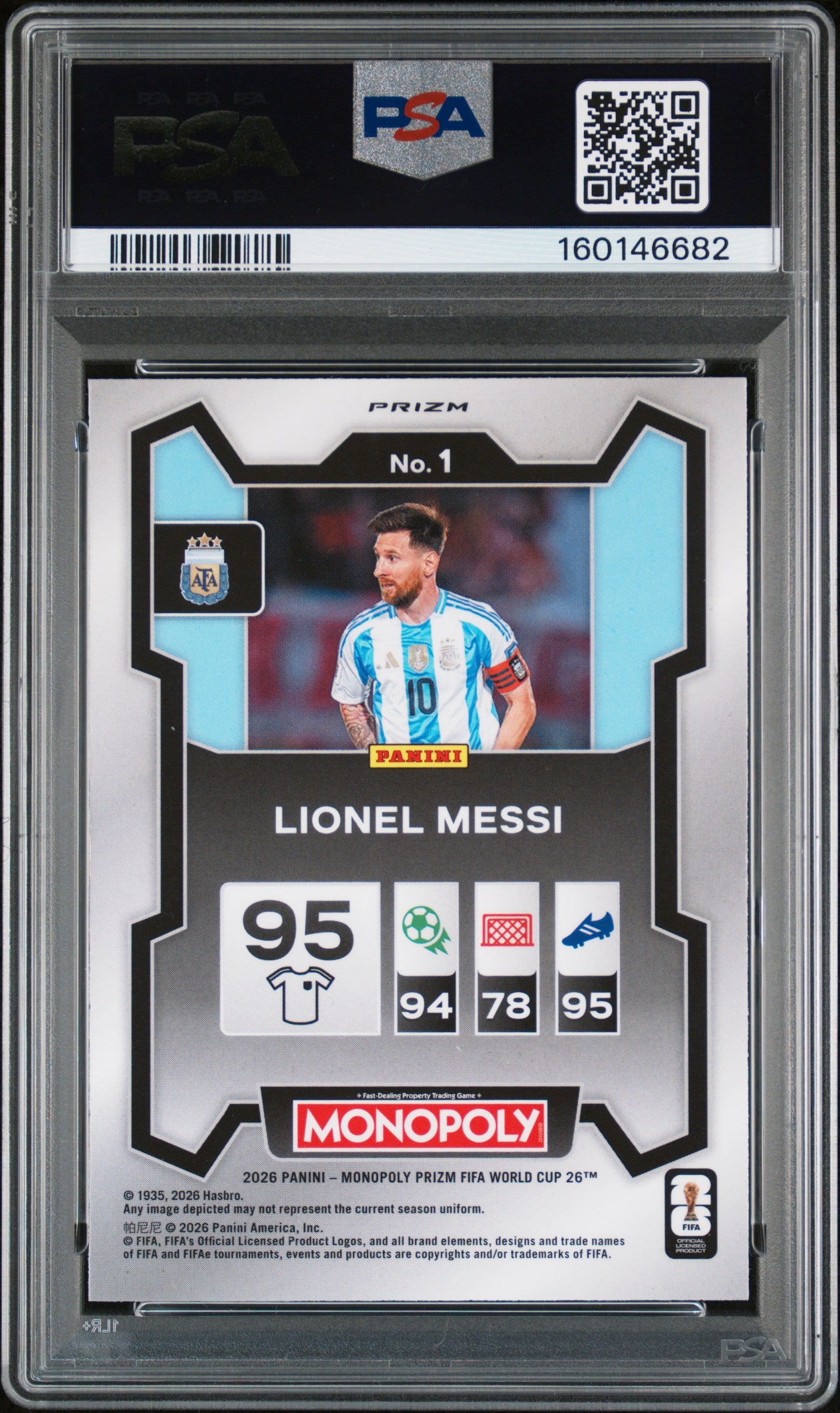 2026 Prizm Monopoly FIFA World Cup Lionel Messi Orng GLD Classic Icns #1 PSA 10
