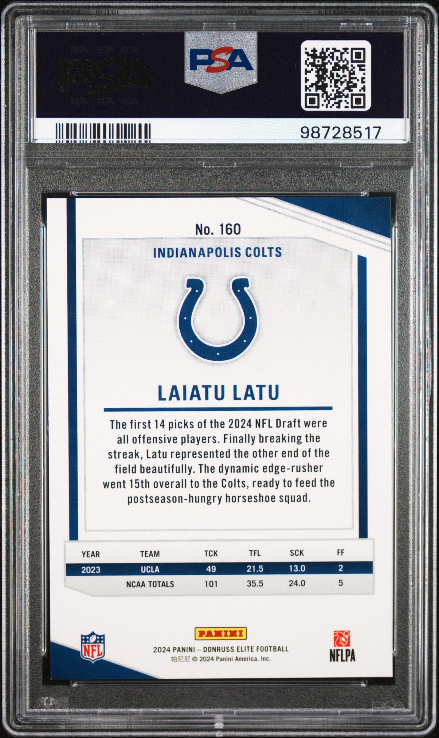2024 Donruss Elite Laiatu Latu Orange Rookie /399 #160 PSA 8 Indianapolis Colts