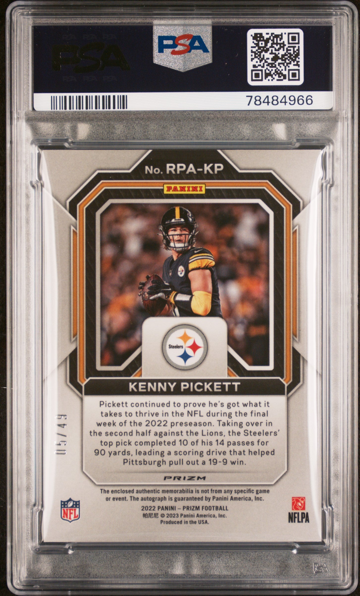 2022 Prizm Rookie Patch Autographs Kenny Pickett Purple Power 05/49 PSA 10