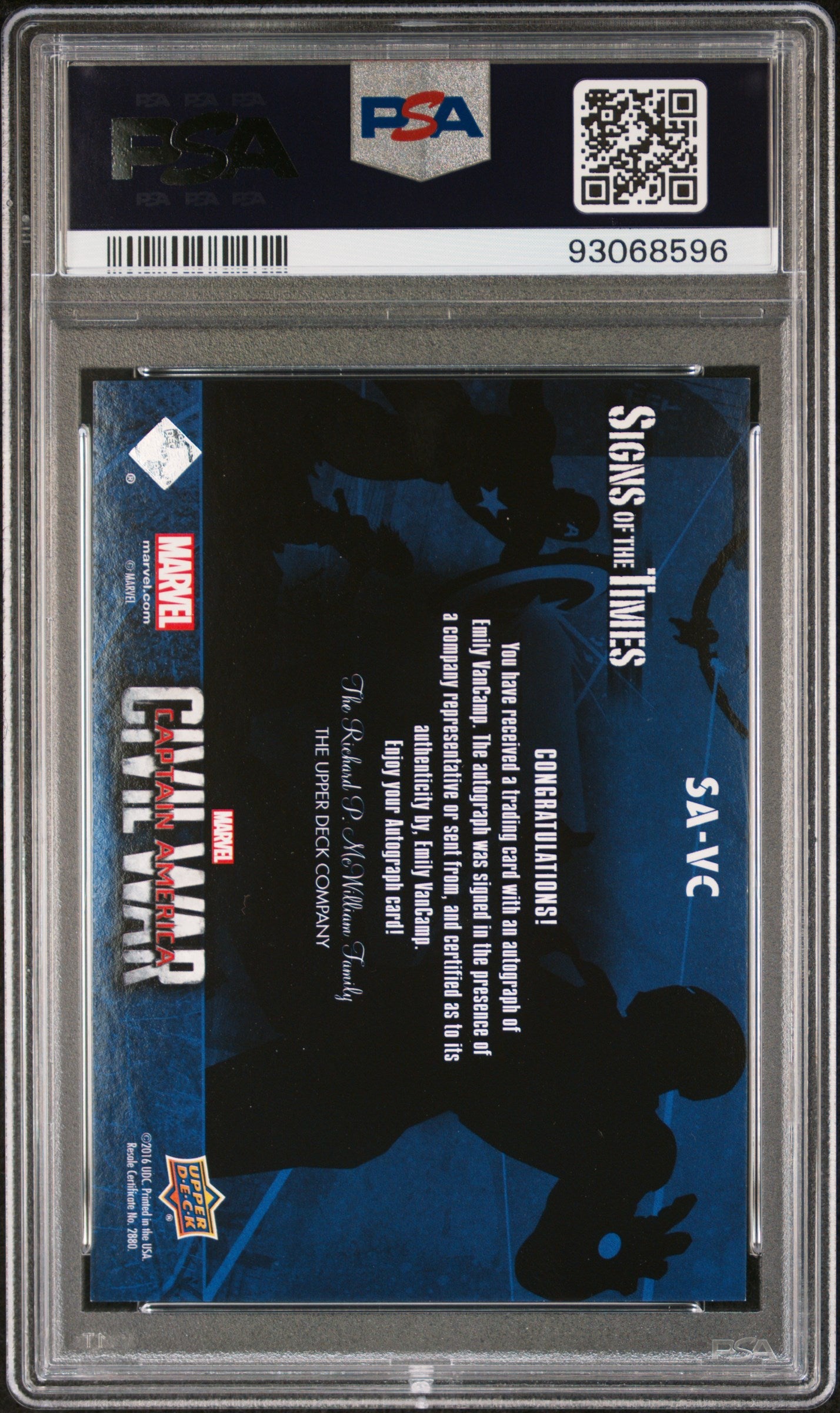 2016 Upper Deck Civil War Signs Of The Times Emily Vancamp Auto #VC PSA 8