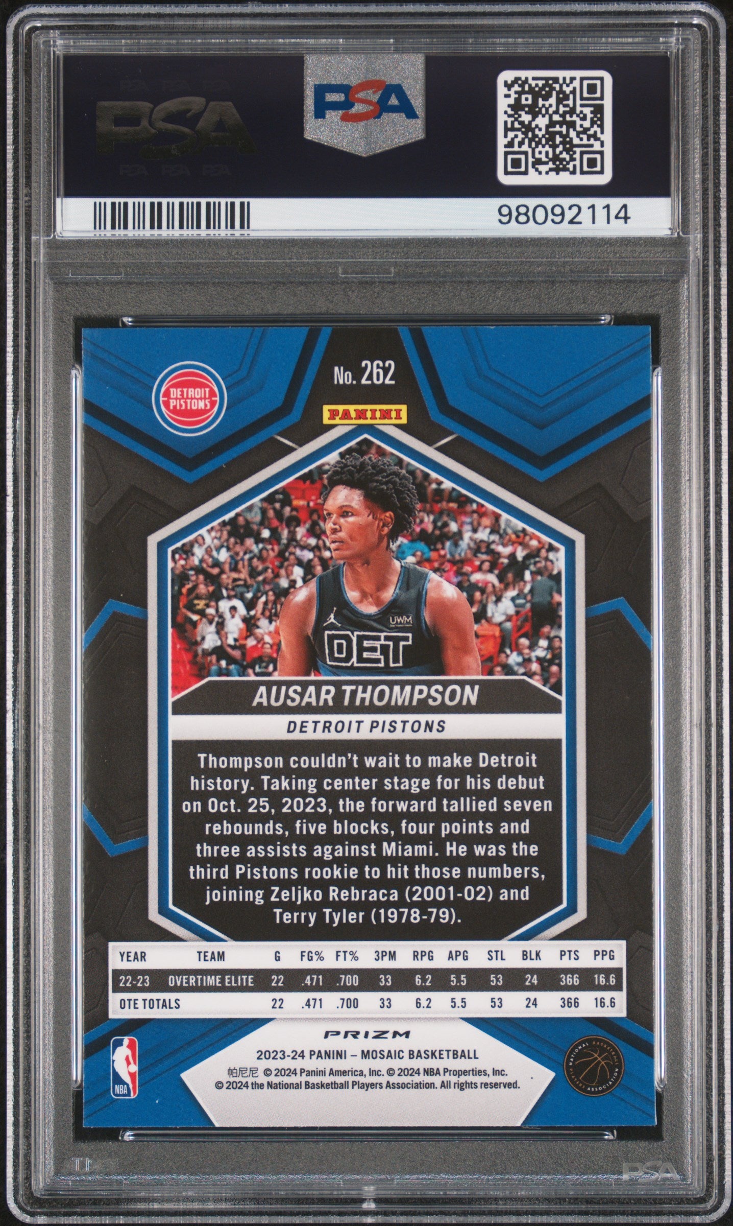 2023 Panini Mosaic Ausar Thompson Green Rookie #262 PSA 10 Detroit Pistons