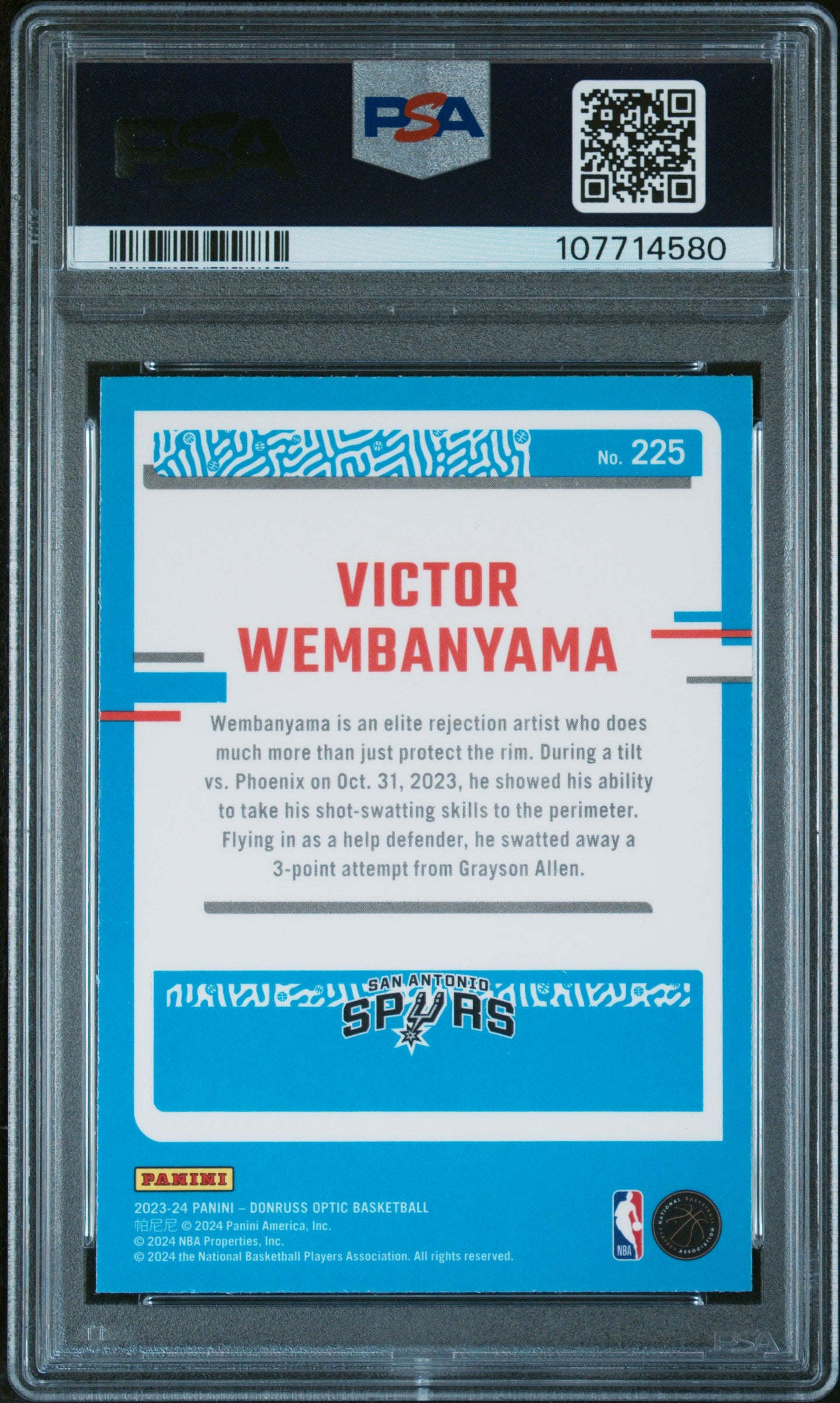 2023 Donruss Optic Victor Wembanyama Rated Rookie #225 PSA 10 San Antonio Spurs