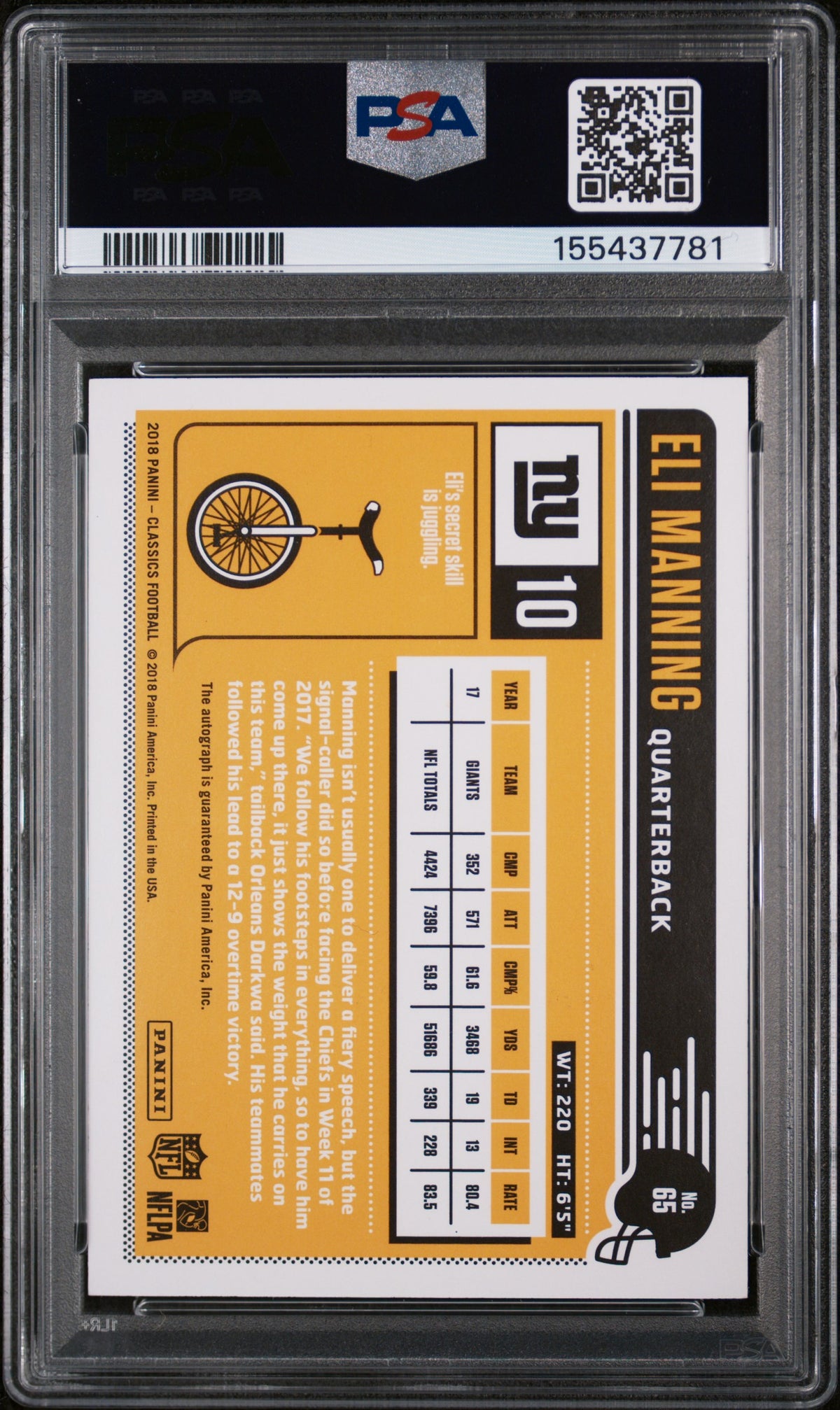 2018 Panini Classics Eli Manning Signature #65 PSA 9 /15 Auto