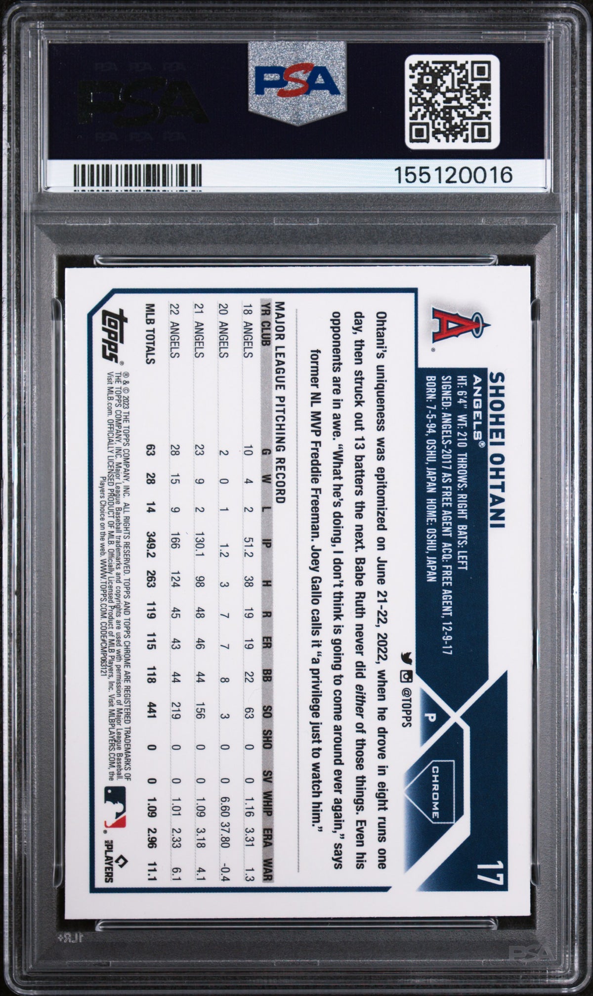 2023 Topps Chrome Shohei Ohtani Pink Refractor #17 PSA 9