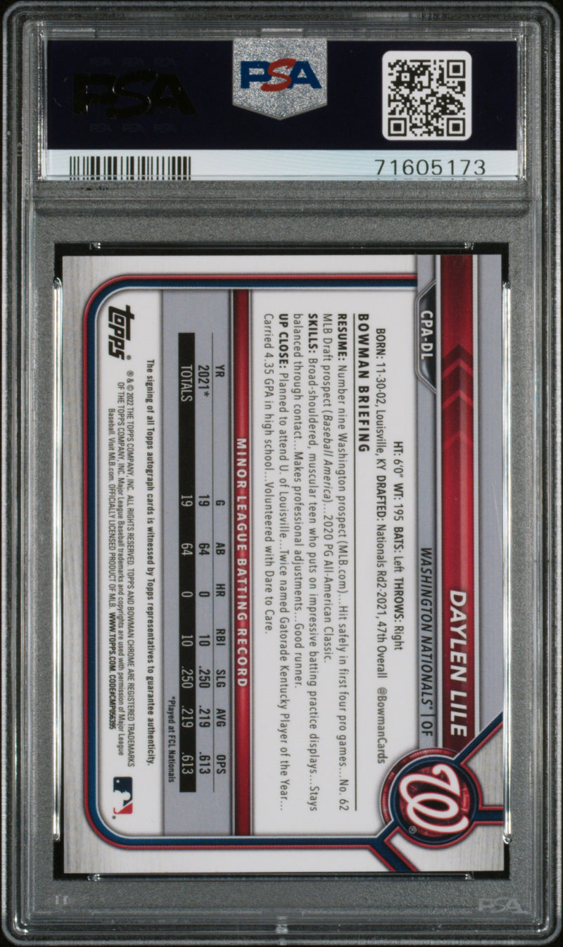 2022 Bowman Chrome Prospect Autographs Refractor Daylen Lile PSA 10 GEM MINT