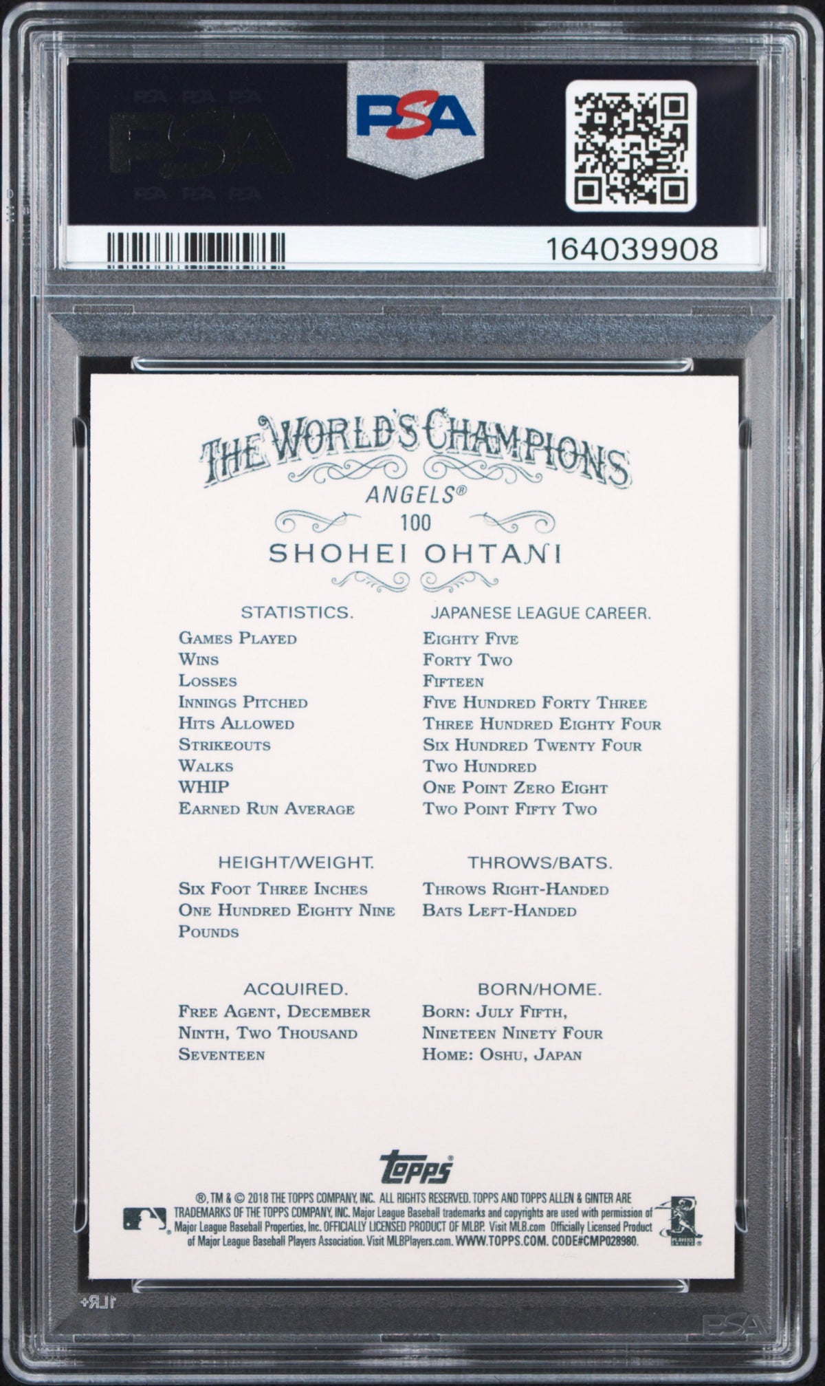 2018 Topps Allen & Ginter Shohei Ohtani #100 PSA 9