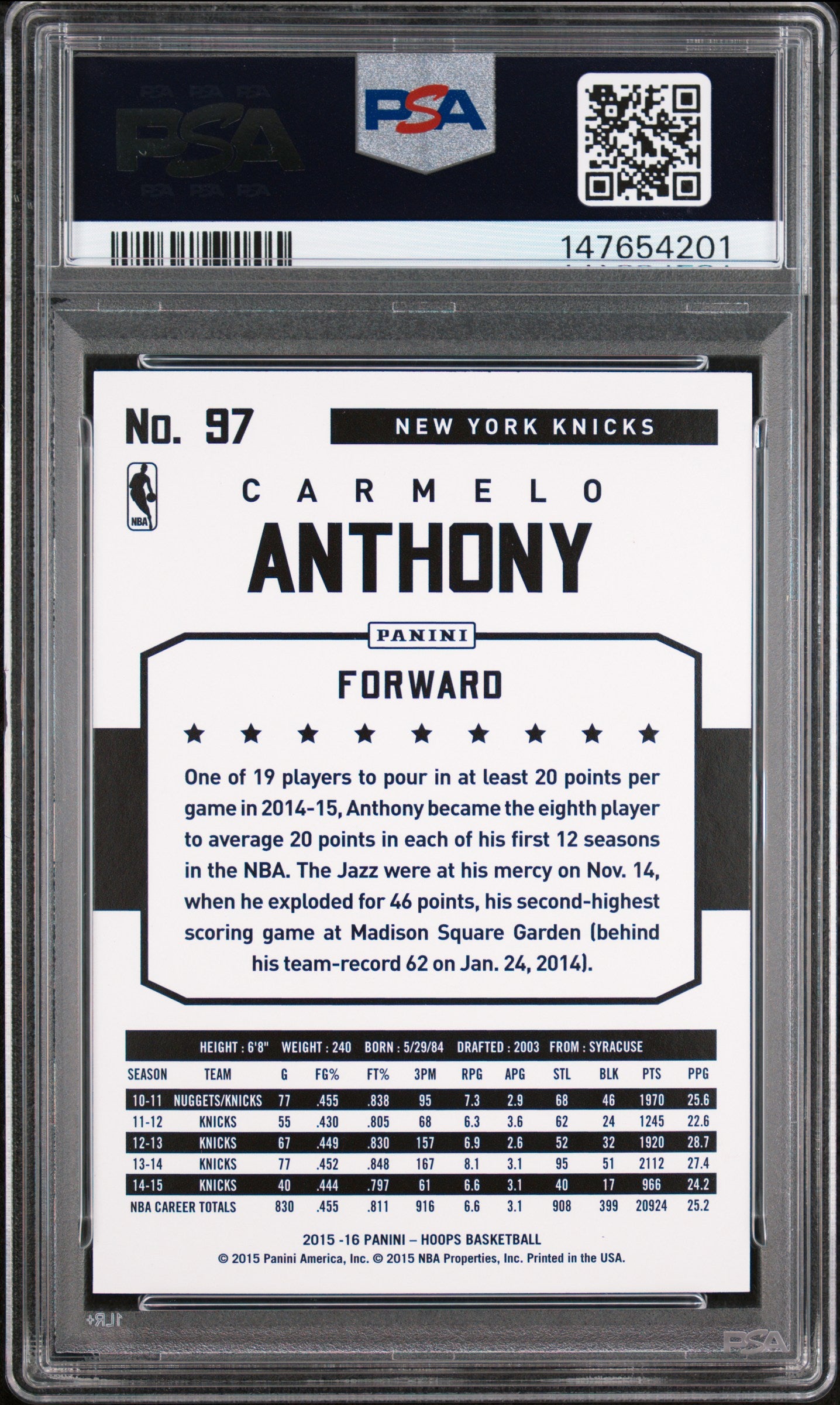 2015 Panini Hoops Carmelo Anthony #97 PSA 10