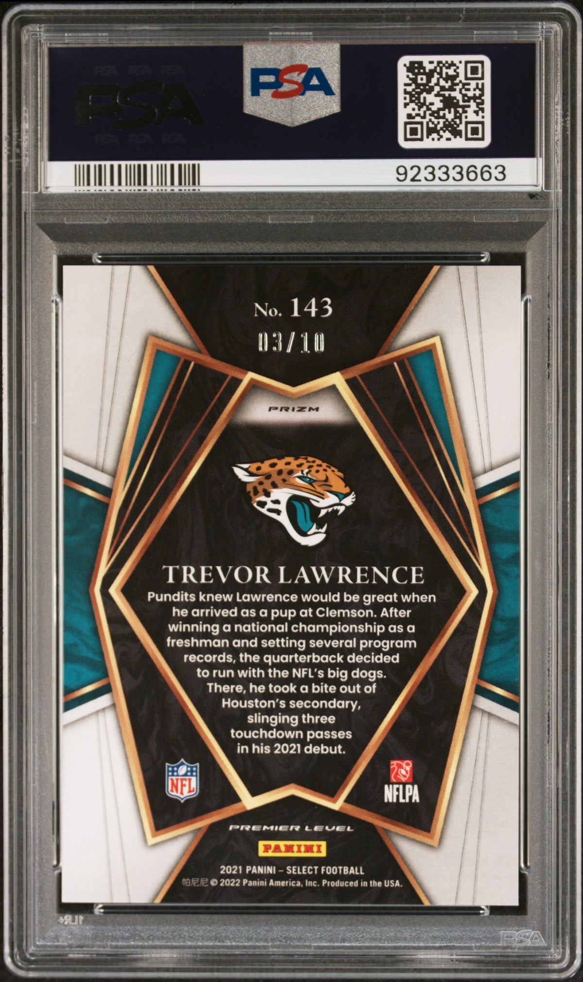 2021 Select Trevor Lawrence Gold Prizm 03/10 #143 PSA 10 Jacksonville Jaguars