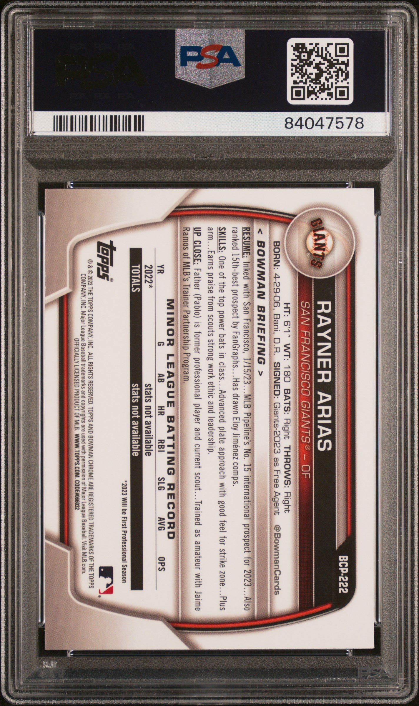 2023 Bowman Mega Box Chrome Rayner Arias PSA 10 GEM MINT San Francisco Giants