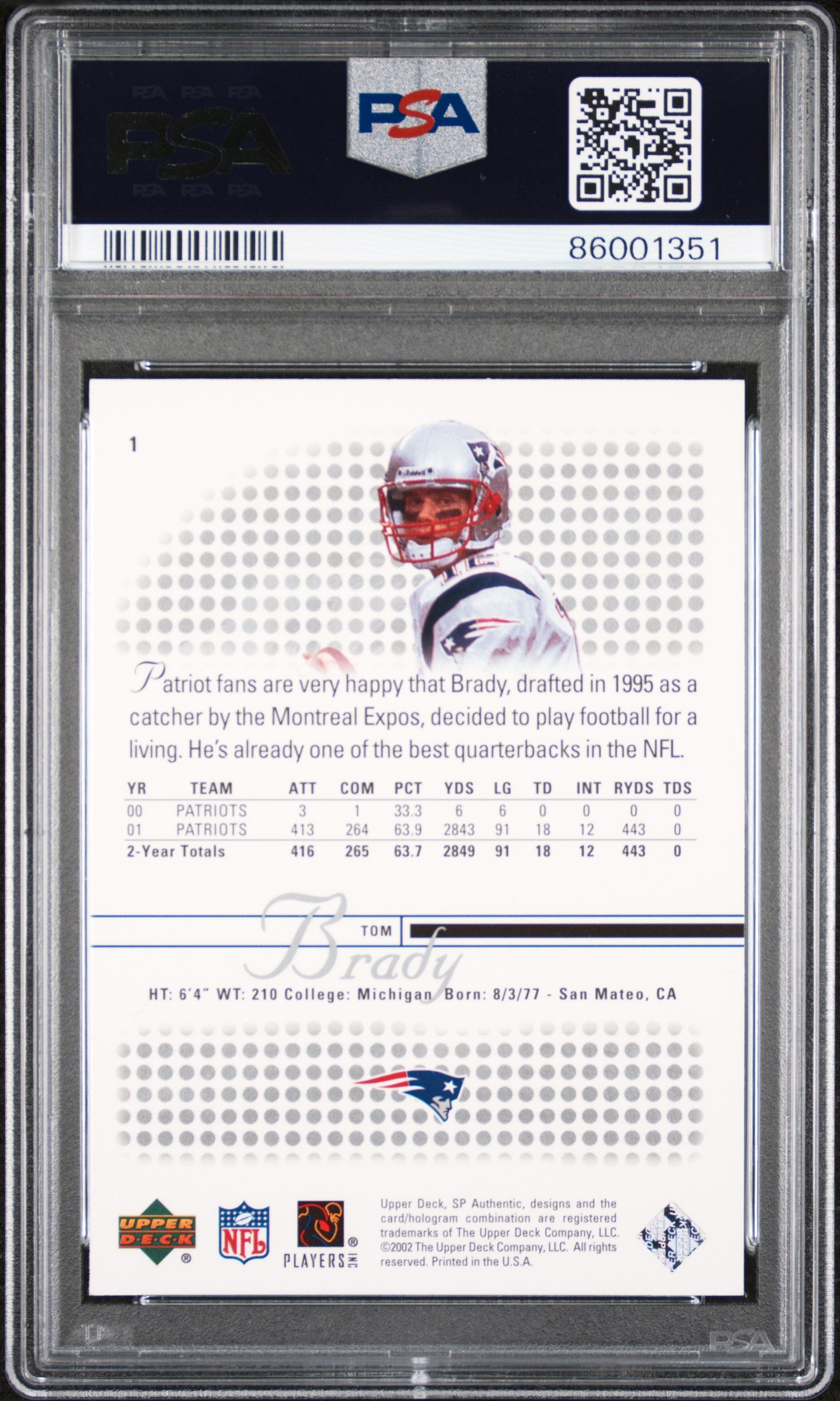 2002 SP Authentic Tom Brady #1 PSA 9 MINT New England Patriots