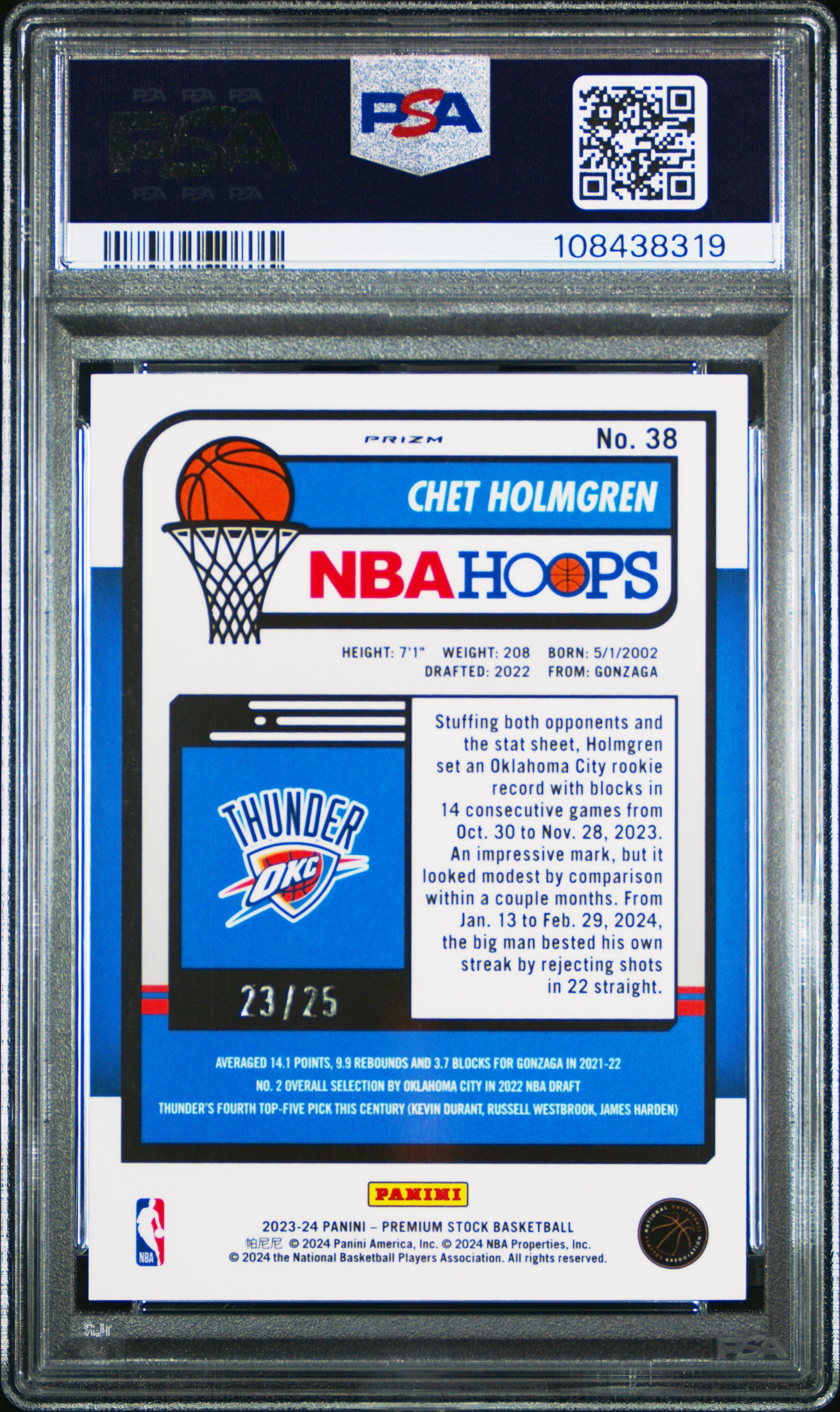 2023 Hoops Premium Stock Chet Holmgren Blue Prizm 23/25 #38 PSA 10 Orlando Magic