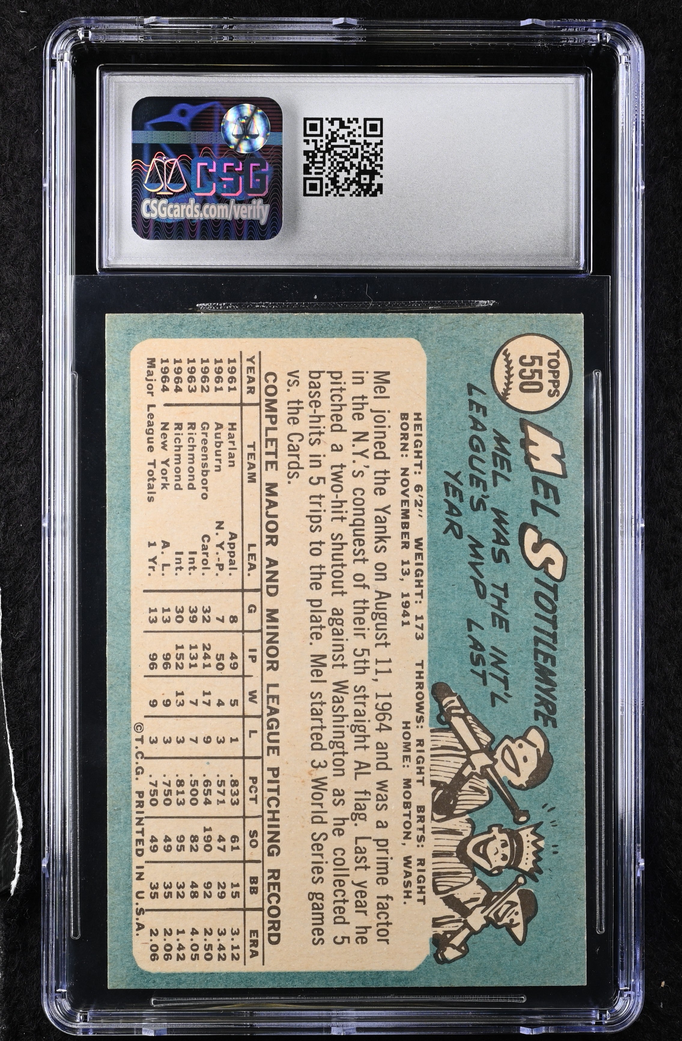 1965 Topps Mel Stottlemyre #550 CGC 6.5 New York Yankees