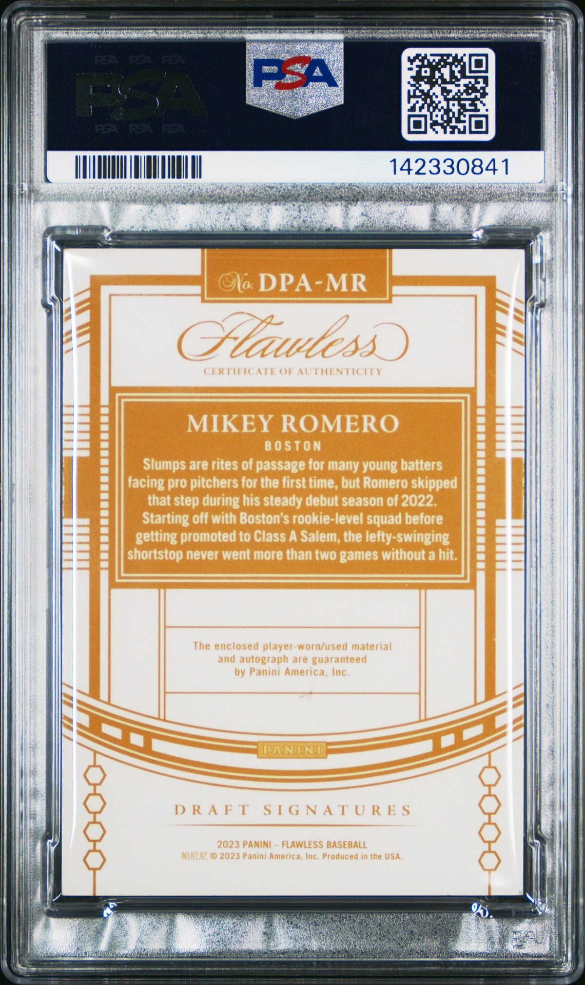2023 Panini Flawless Draft Patch Autographs Mikey Romero 22/25 #DPAMR PSA 6