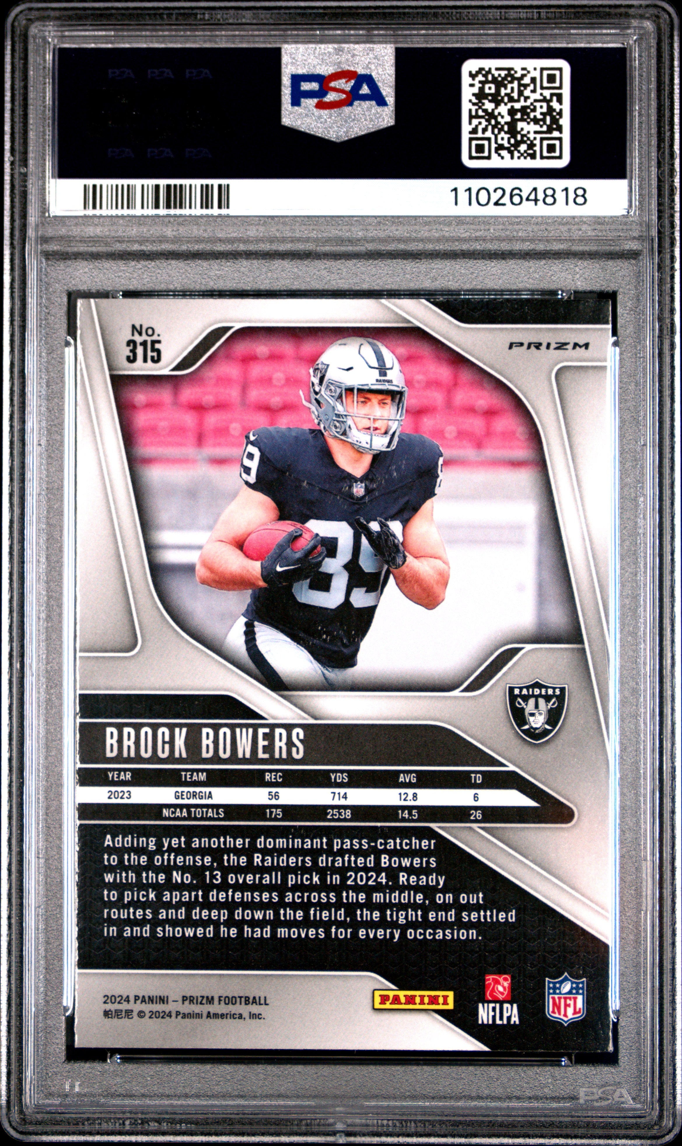 2024 Panini Prizm Brock Bowers RC Pink Rookie #315 PSA 9 Los Angeles Raiders