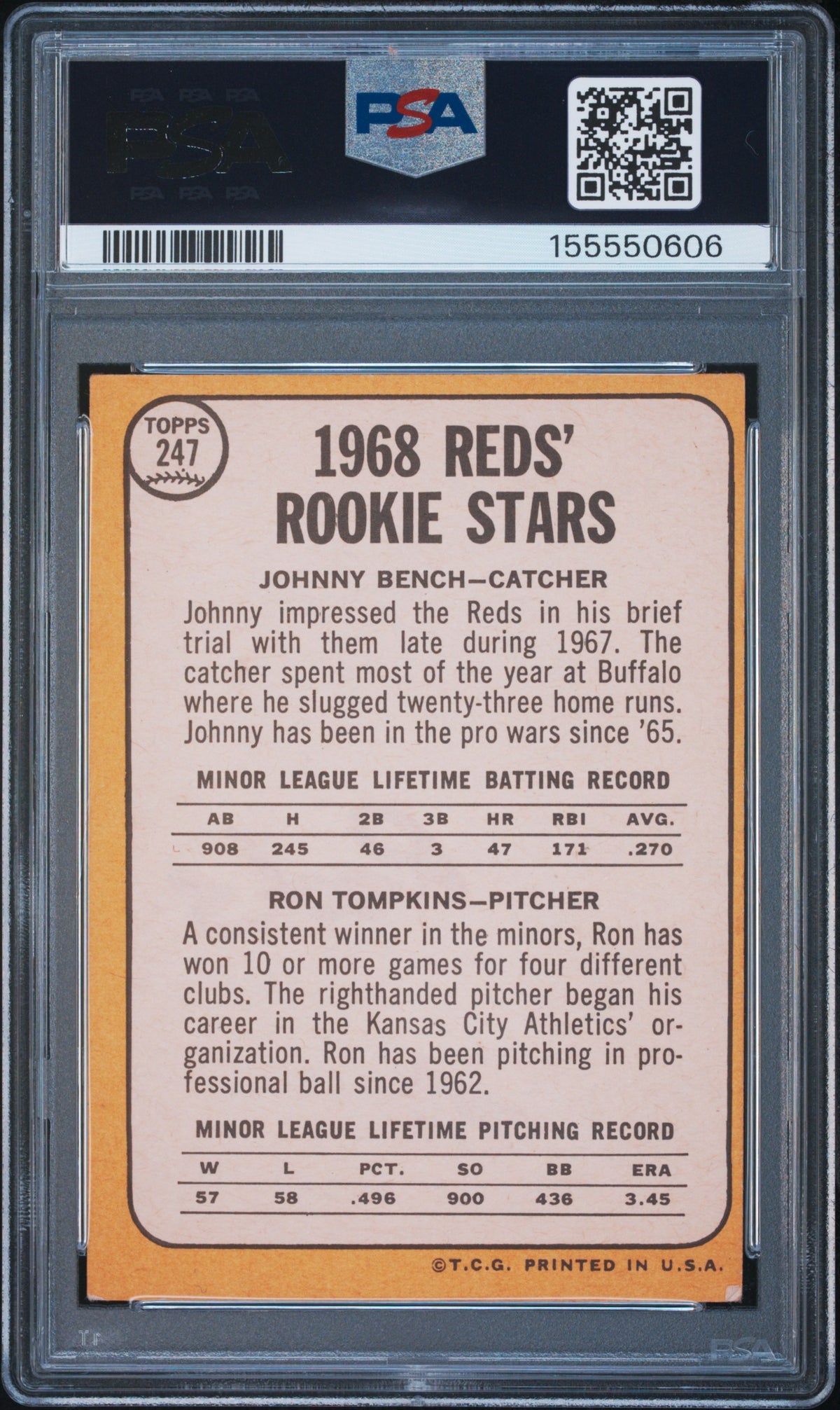 1968 Topps Reds Rookies J. Bench R. Tompkins #247 PSA 4 Cincinnati Reds