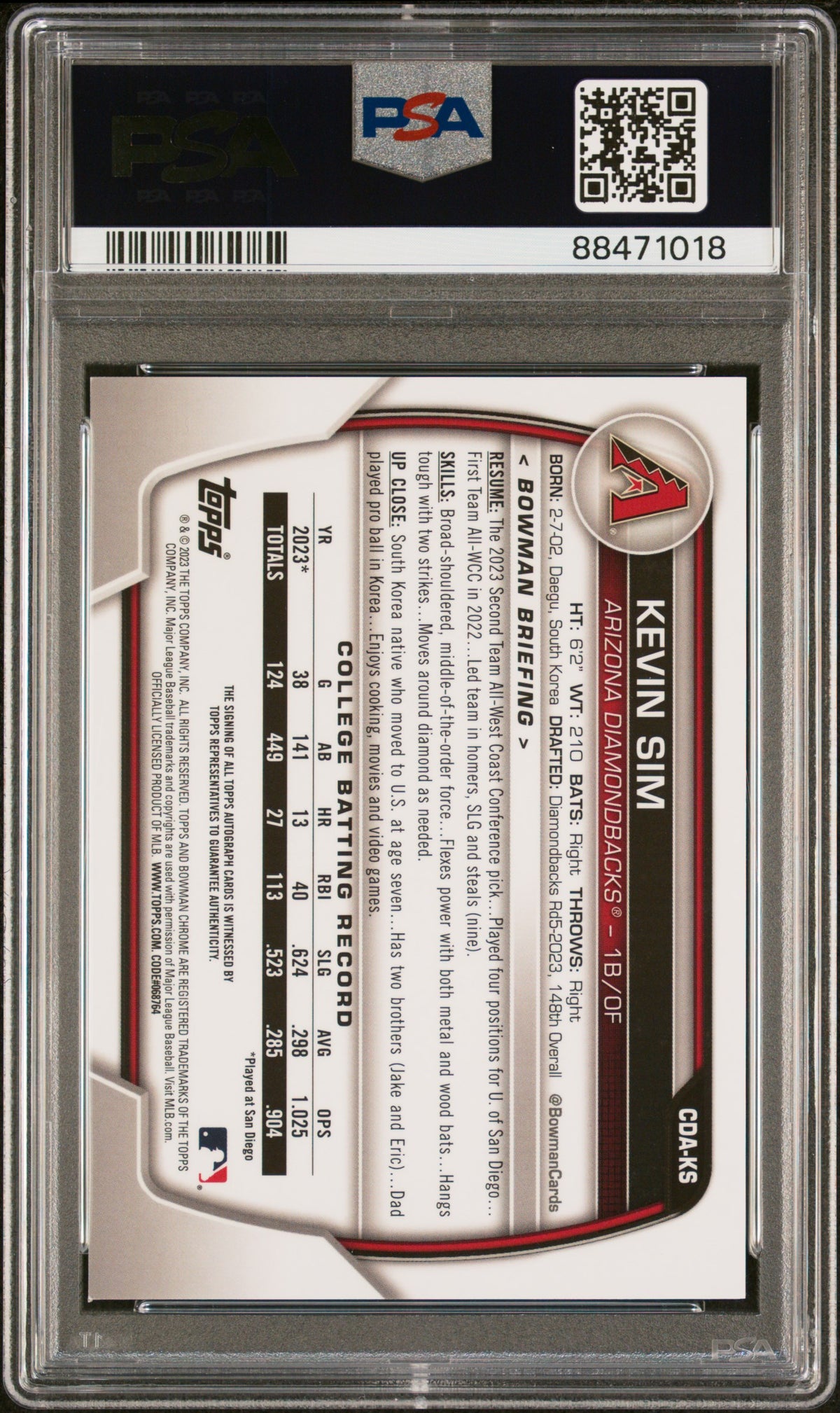 2023 Bowman Draft Chrome Prospect Autograph Kevin Sim PSA 10 Arizona
