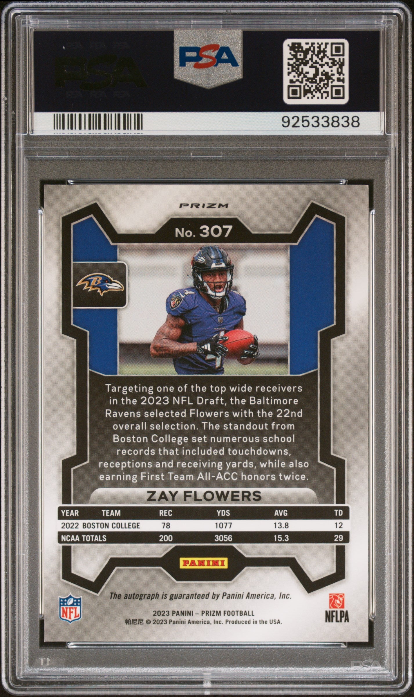 2023 Prizm Zay Flowers Autograph No Huddle Rookie #307 PSA 9 Baltimore Ravens