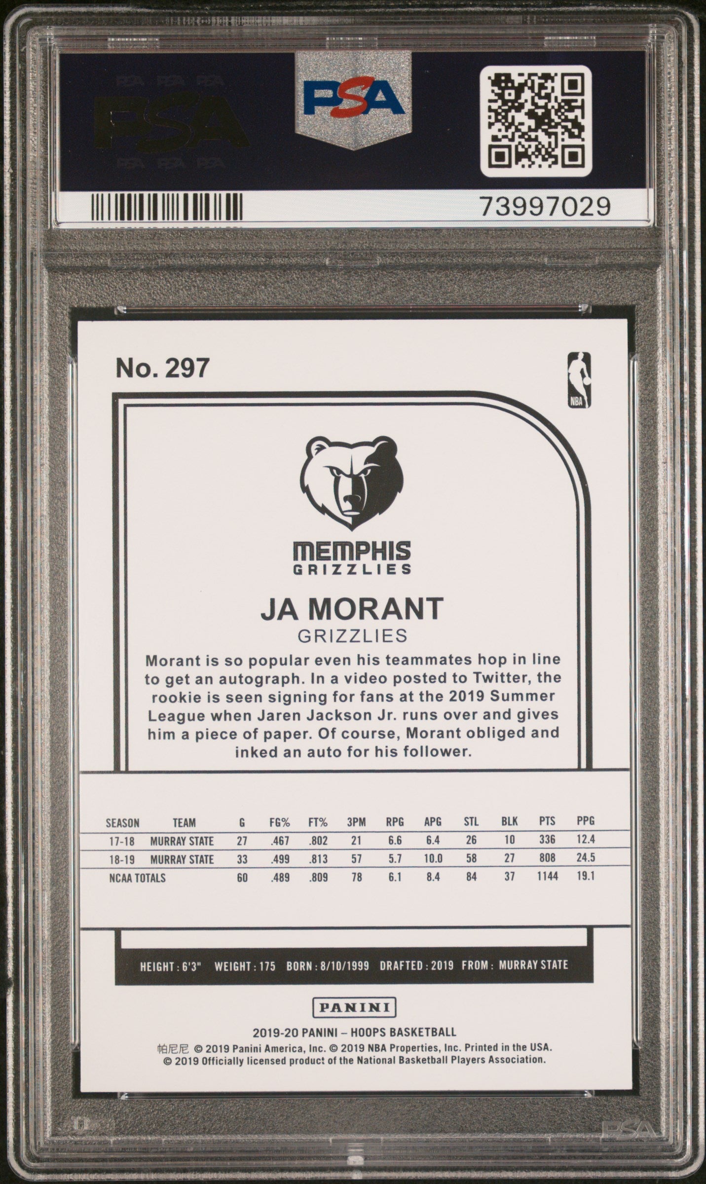 2019 Panini Hoops Ja Morant Rookie #297 PSA 10 Memphis Grizzlies