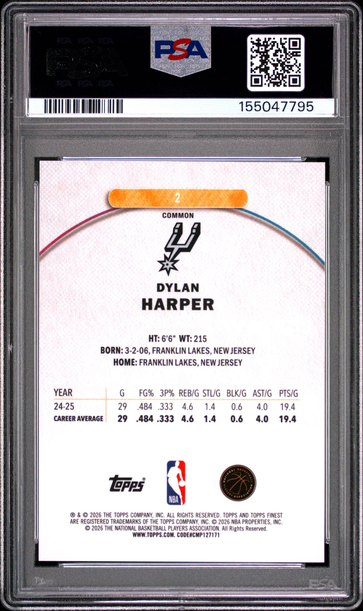 2025 Topps Finest Dylan Harper Purple Refractor 191/250 #2 PSA 10