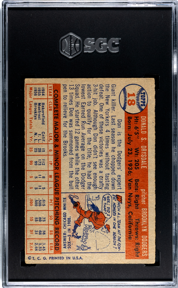 1957 Topps Don Drysdale #18 SGC 3 Brooklyn Dodgers