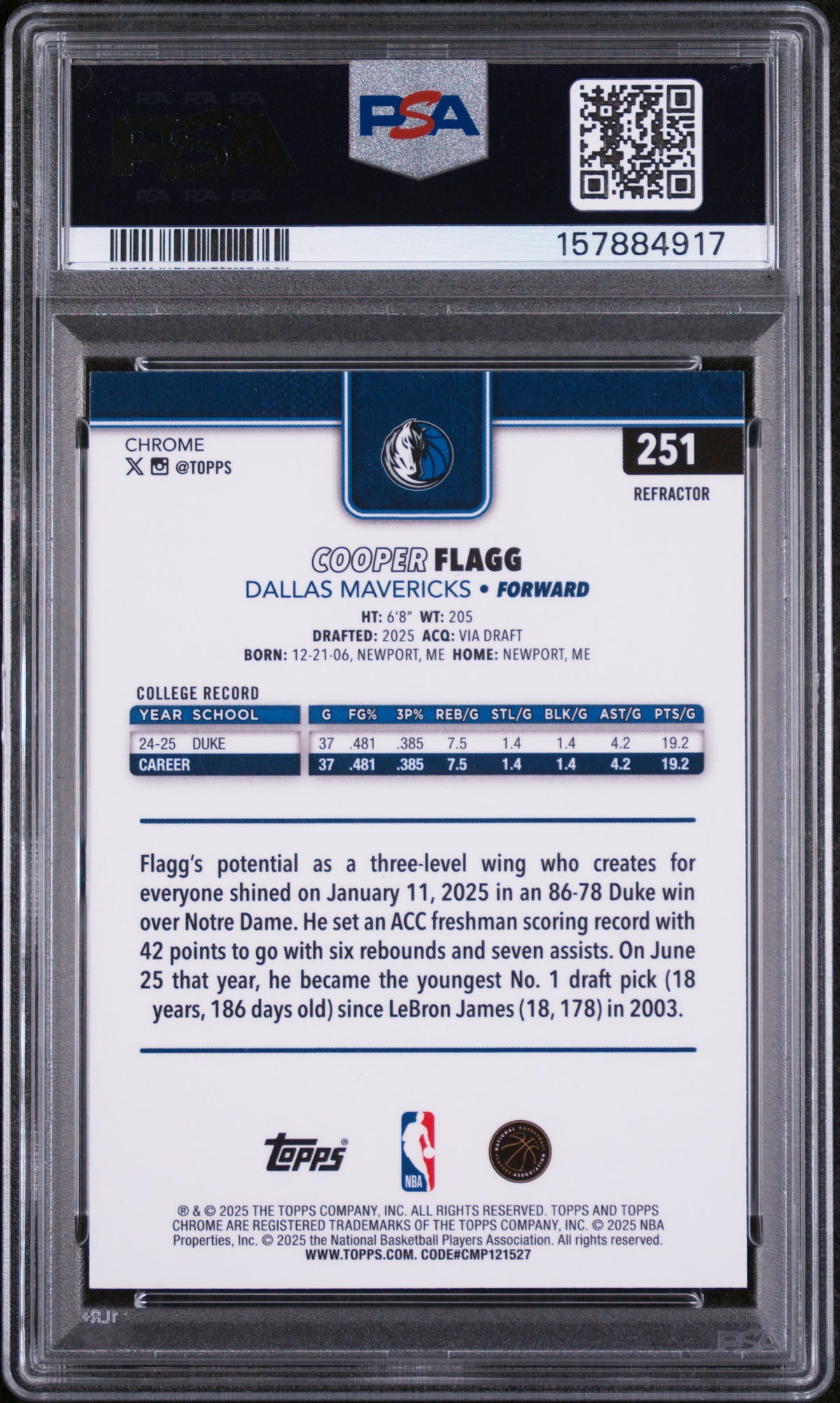 2025 Topps Chrome Cooper Flagg Refractor #251 PSA 8
