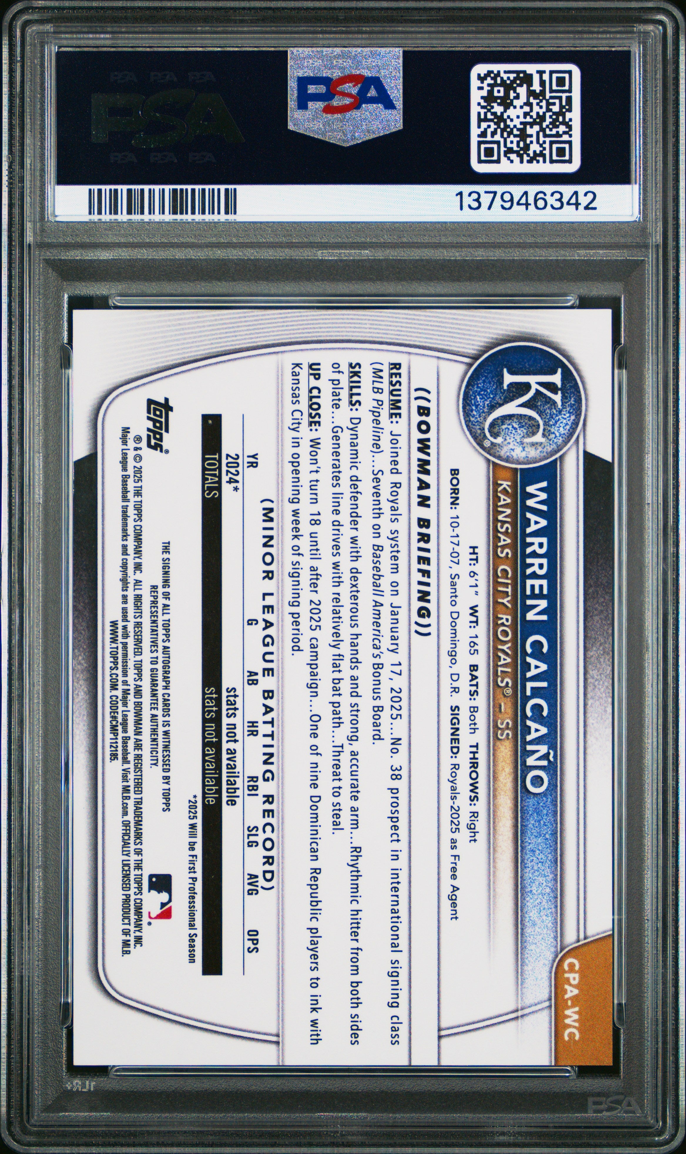 2025 Bowman Chrome Prospect Autographs Warren Calcano Blue Reptilian /150 PSA 9