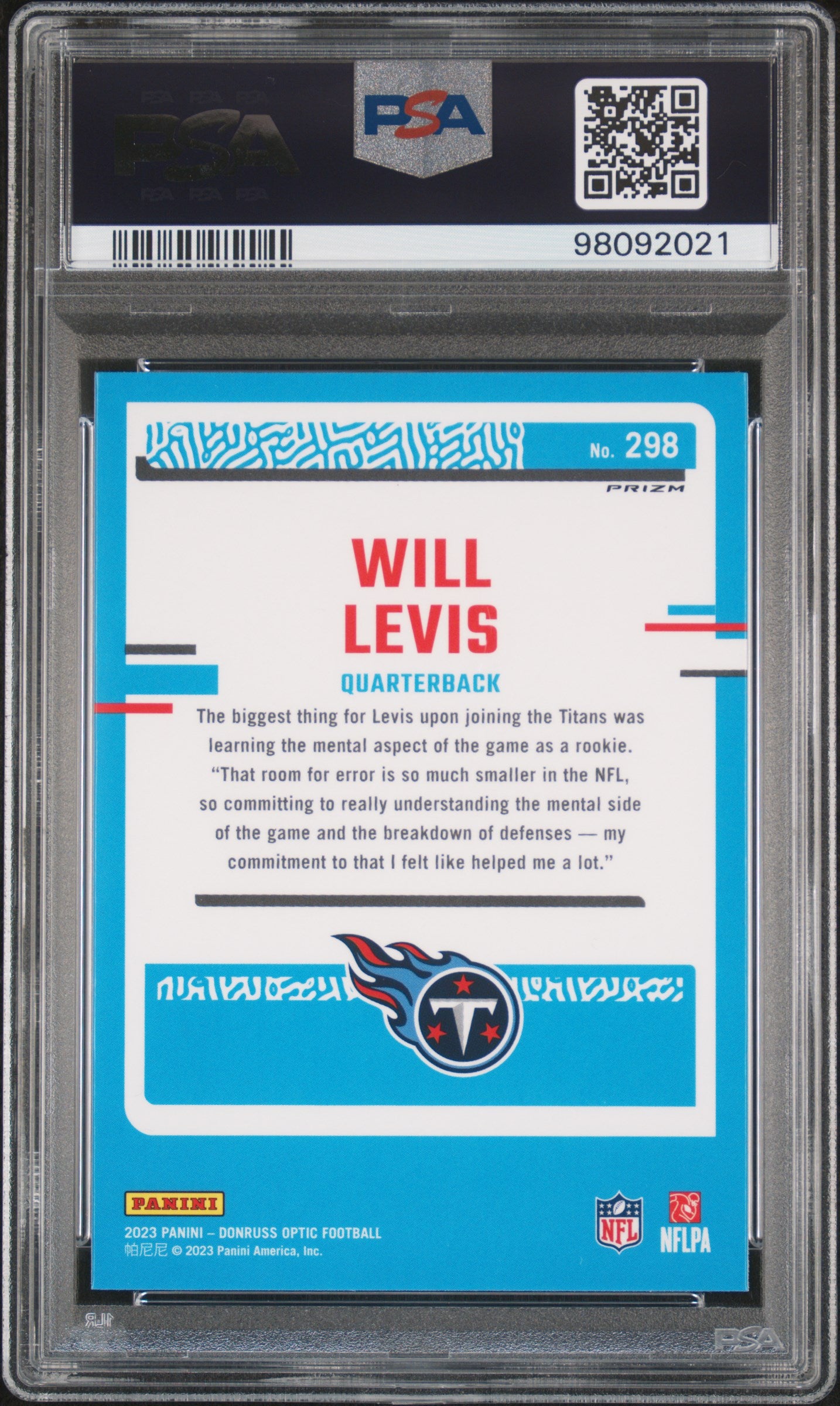2023 Panini Donruss Optic Will Levis Holo Rookie #298 PSA 9 Tennessee Titans