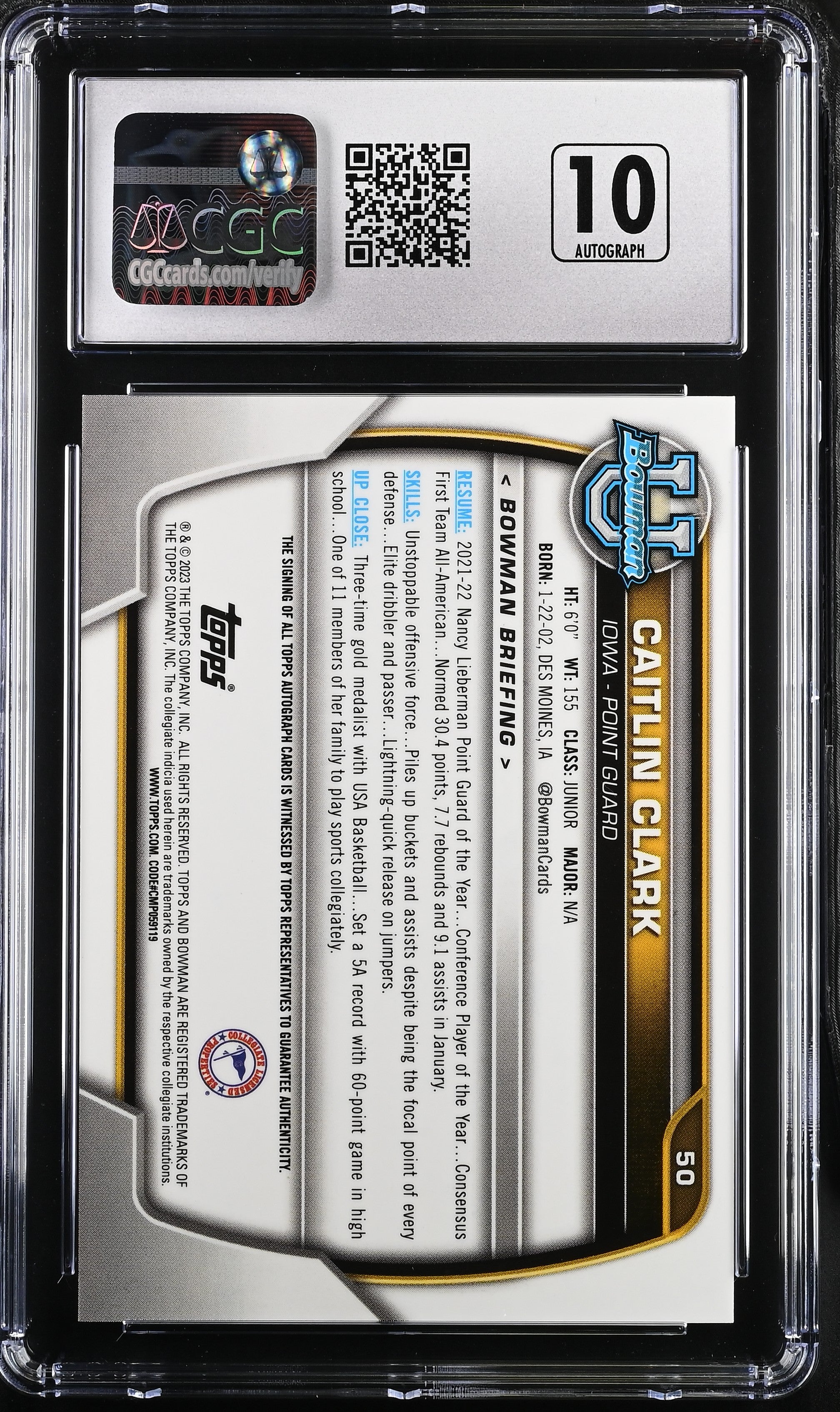 2022-23 Bowman University Chrome Caitlin Clark Autographs #50 CGC 9.5