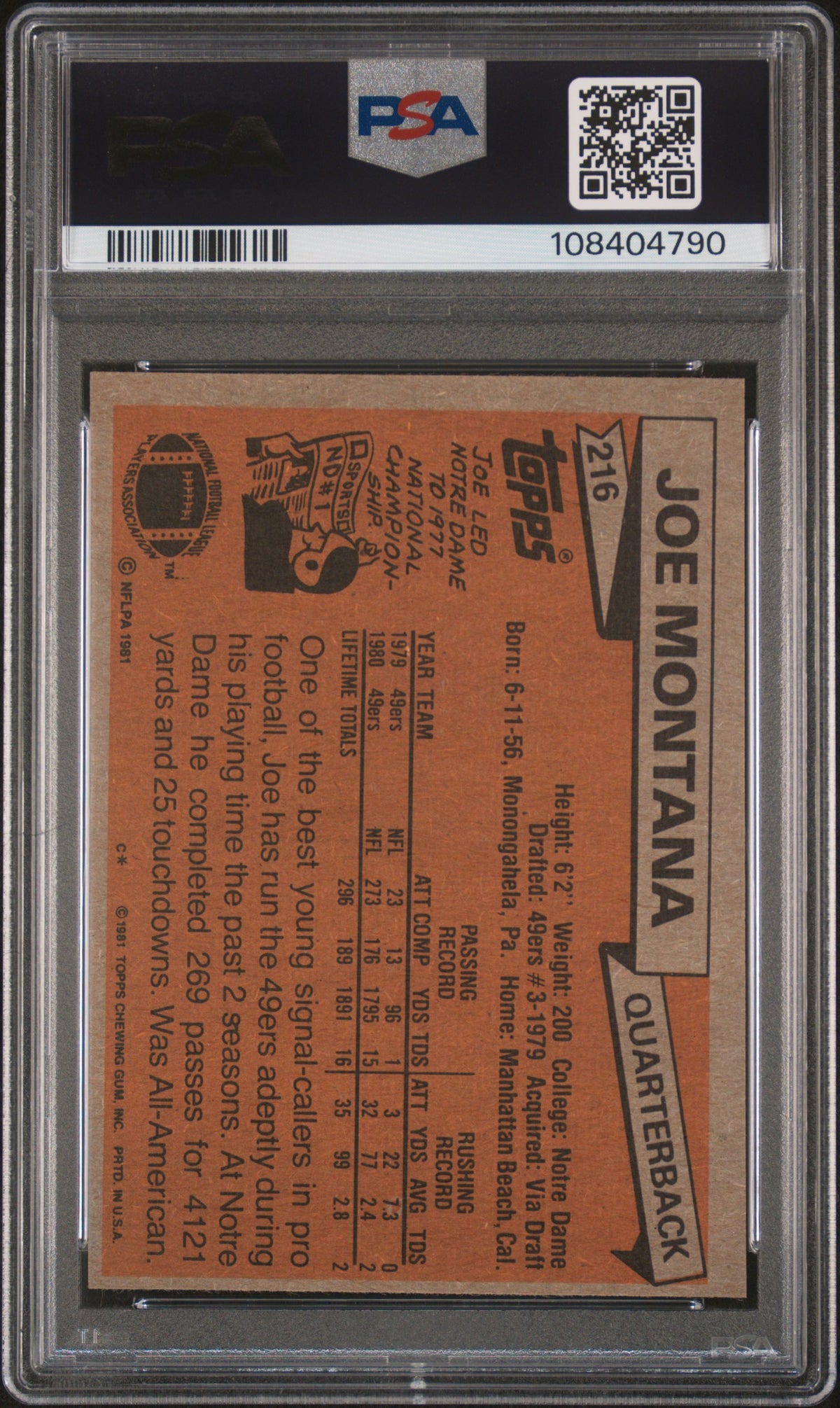 1981 Topps Joe Montana #216 PSA 7