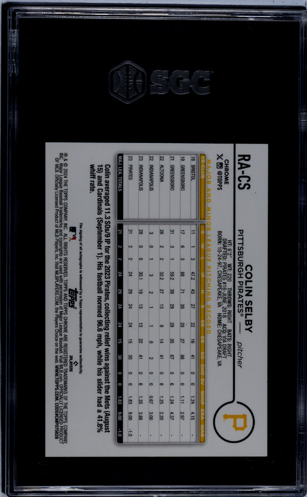 2024 Topps Chrome Colin Selby Blue Refractor 102/150 Rookie Auto SGC 9.5 Pirates