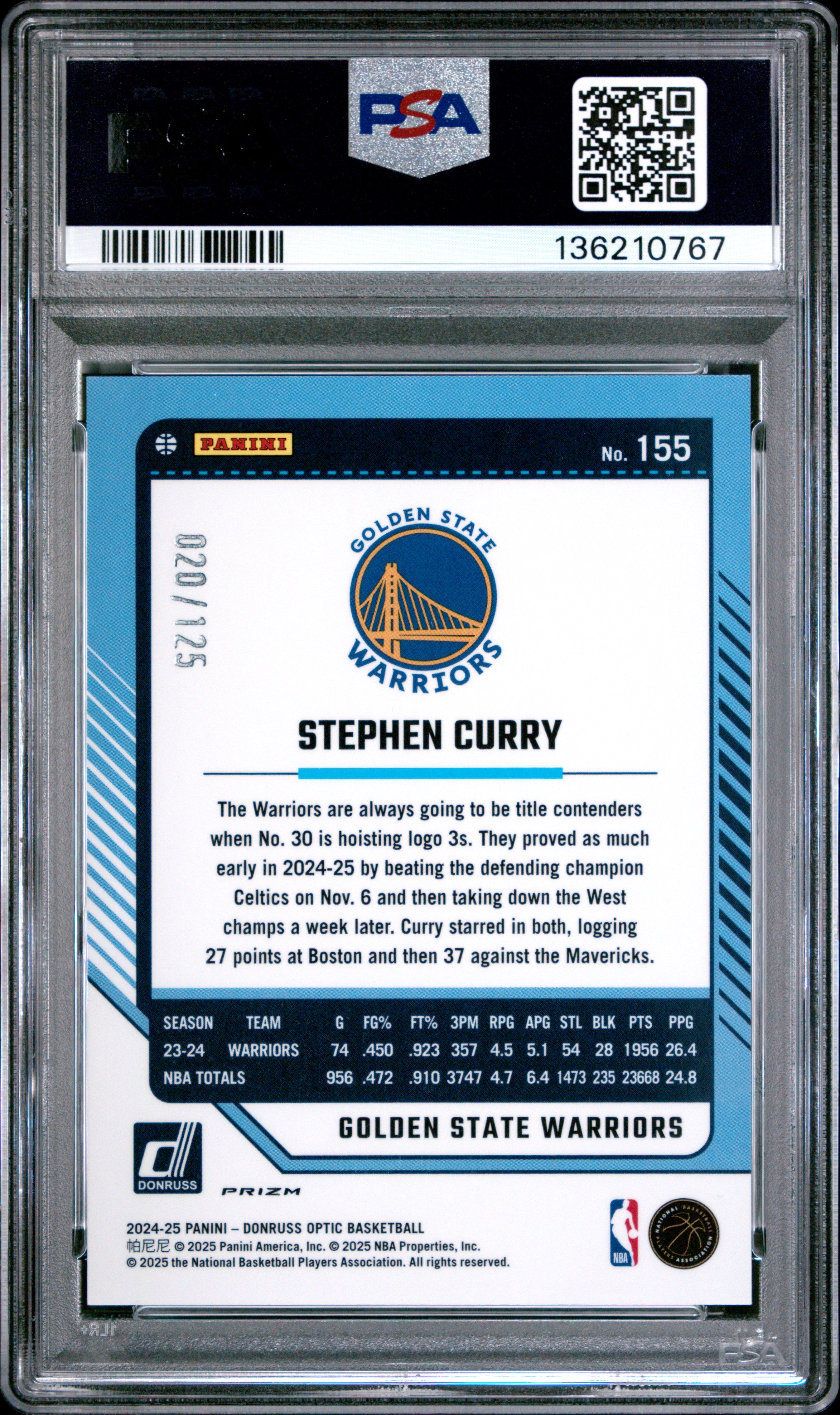 2024 Donruss Optic Stephen Curry Bronze Velocity 00/125 PSA 10 GEM MINT Warriors