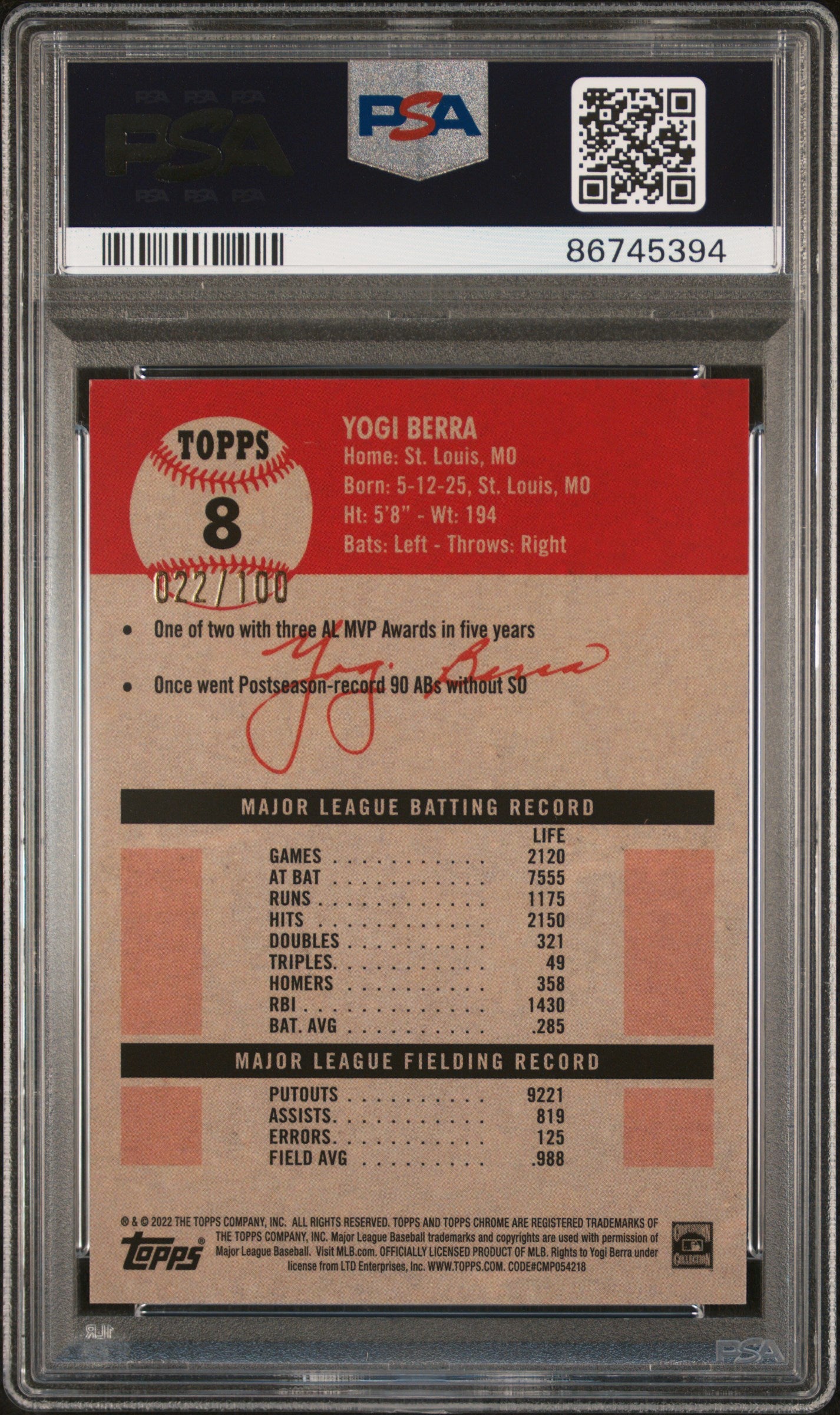 2022 Topps Chrome Platinum Anniversary Yogi Berra Red Atomic Refractor #8 PSA 10
