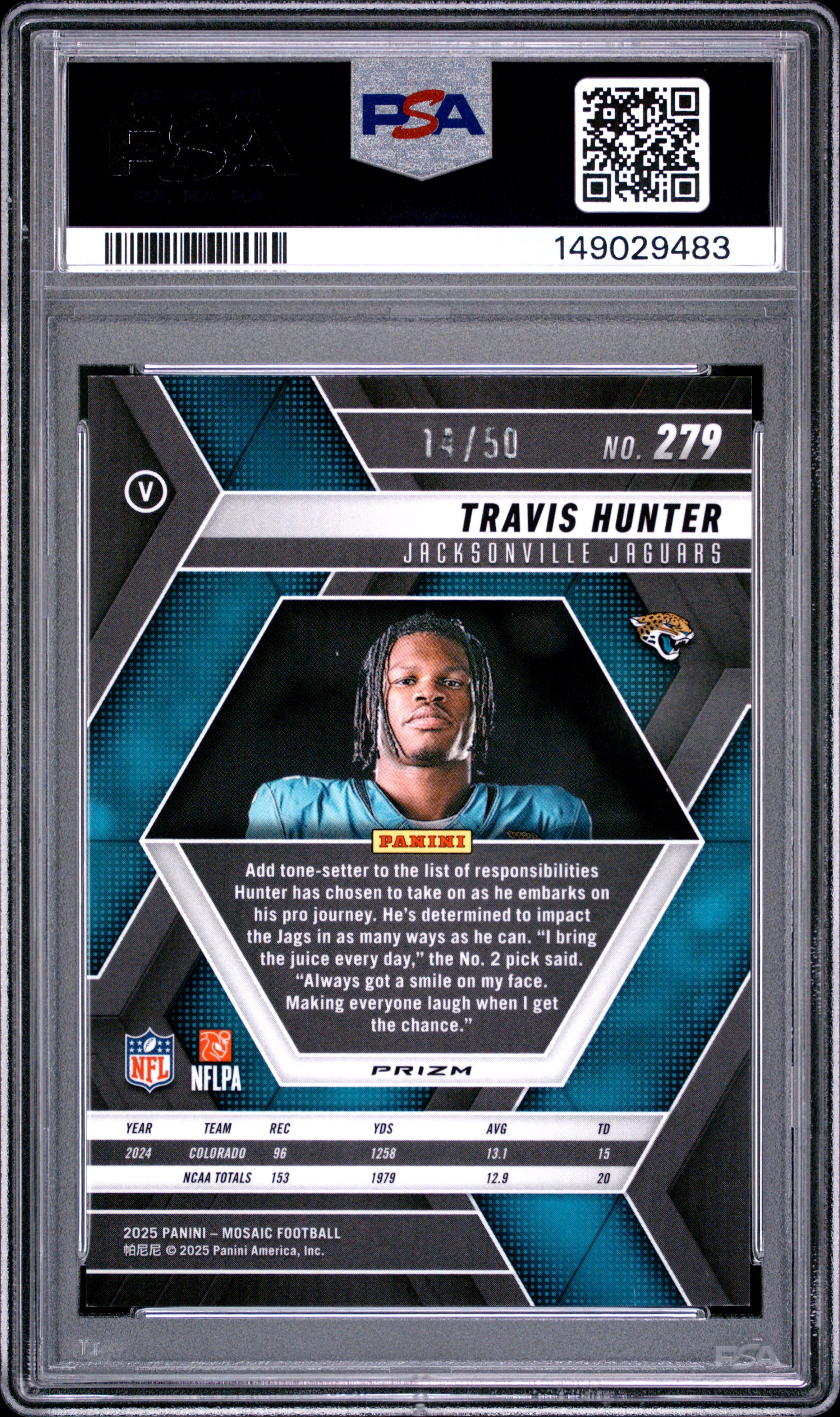 2025 Panini Mosaic Travis Hunter Purple No Huddle #279 PSA 10